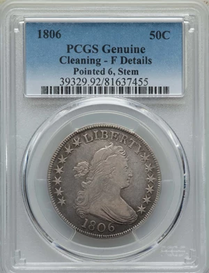 image for: 1806 50C Pointed 6, Stem, O-123, T-23, Low R.5, Fine 12 PCGS. PCGS Population: (0/6). NGC Census: (0/7). CDN: $300 Whsle. B...