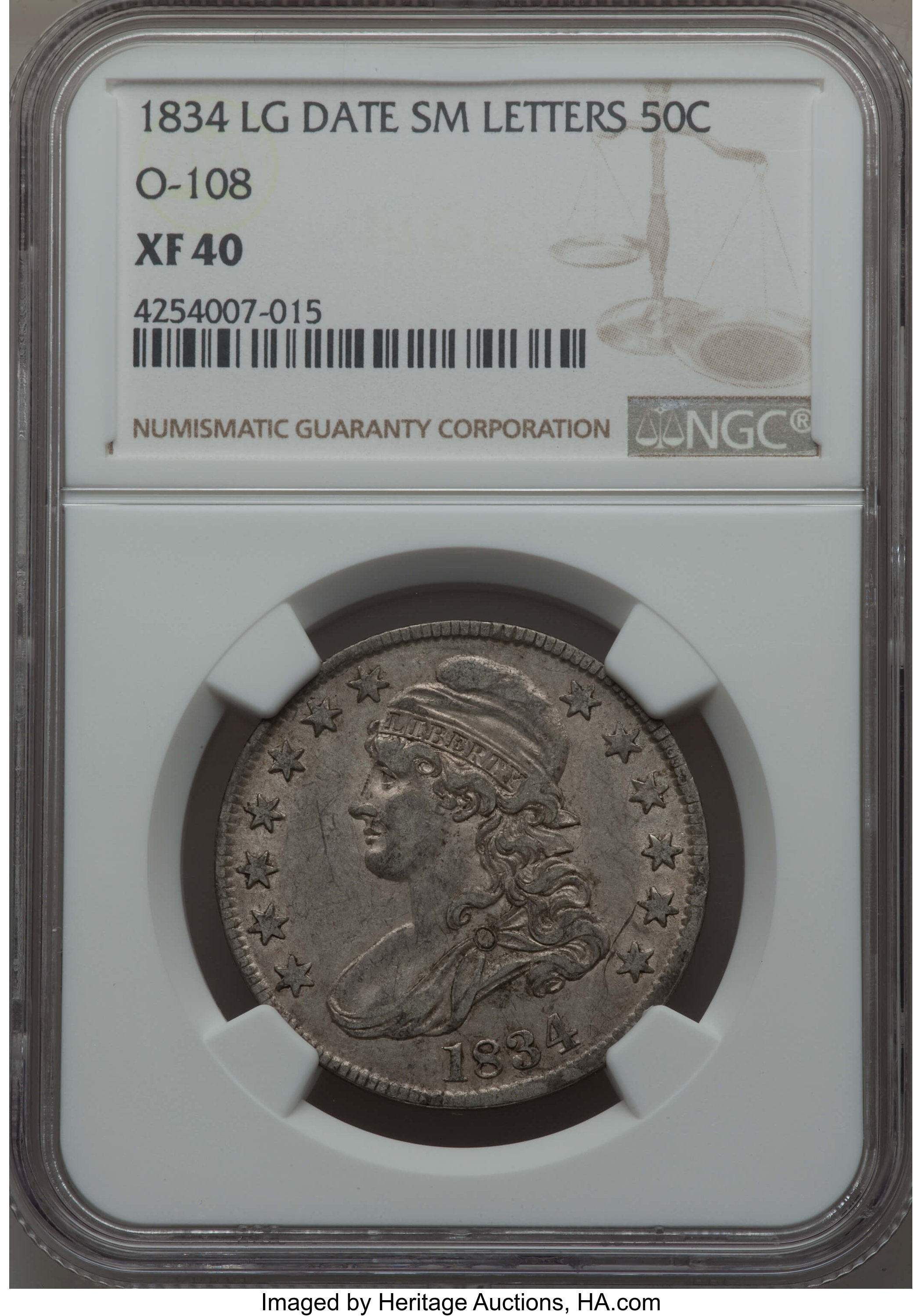 image for: 1834 50C Large Date, Small Letters, O-108, R.2, XF40 NGC. NGC Census: (6/34). PCGS Population: (1/10). CDN: $130 Whsle. Bid...