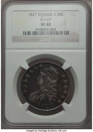 image for: 1827 50C Square Base 2, O-107, R.3, XF40 NGC. NGC Census: (3/12). PCGS Population: (4/7). CDN: $130 Whsle. Bid for problem-...