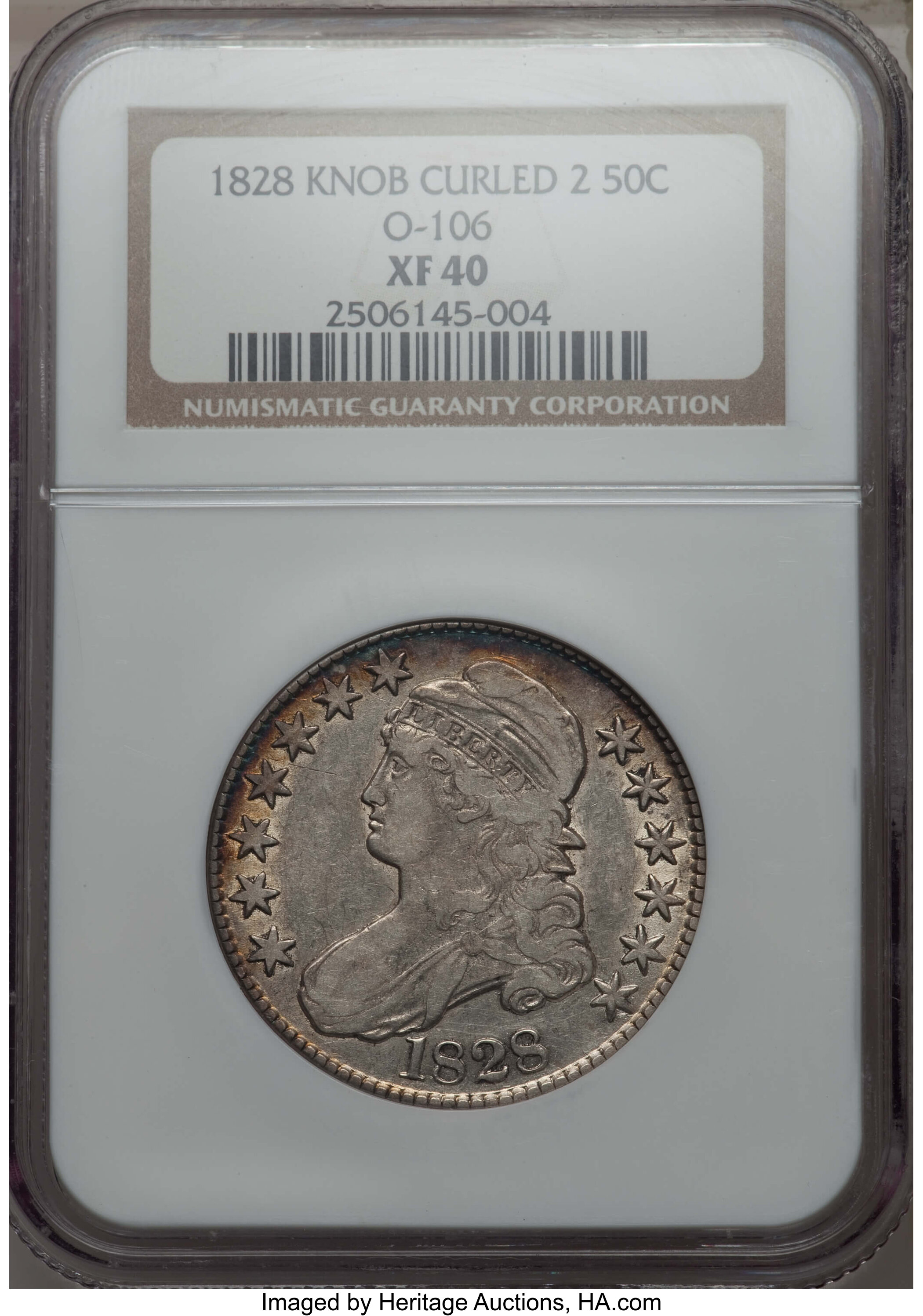 image for: 1828 50C Curl Base 2, Knob, O-106, High R.4, XF40 NGC. NGC Census: (3/11). PCGS Population: (3/6). CDN: $130 Whsle. Bid for...
