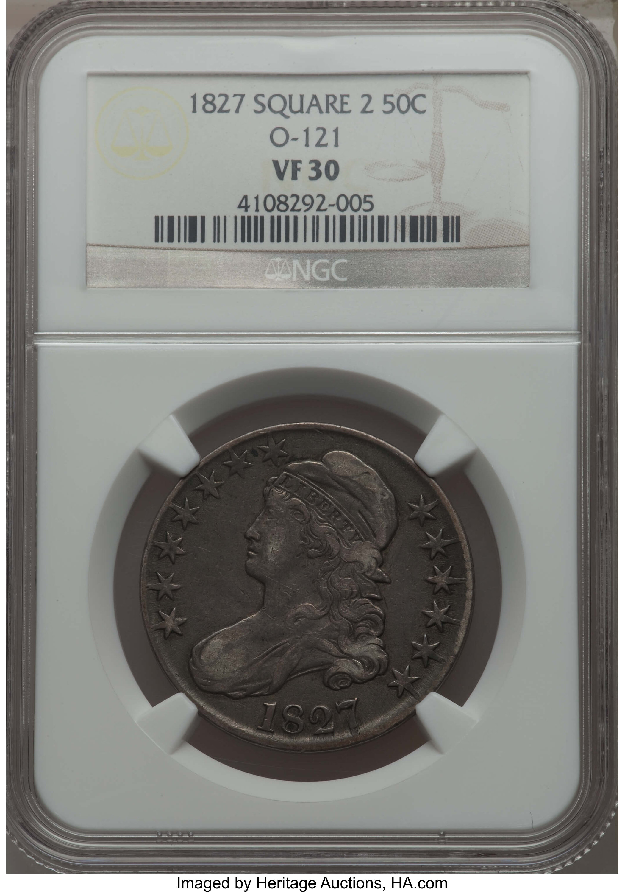 image for: 1827 50C Square Base 2, O-121, R.3, VF30 NGC. NGC Census: (2/10). PCGS Population: (2/13).  Mintage 5,493,400. ...