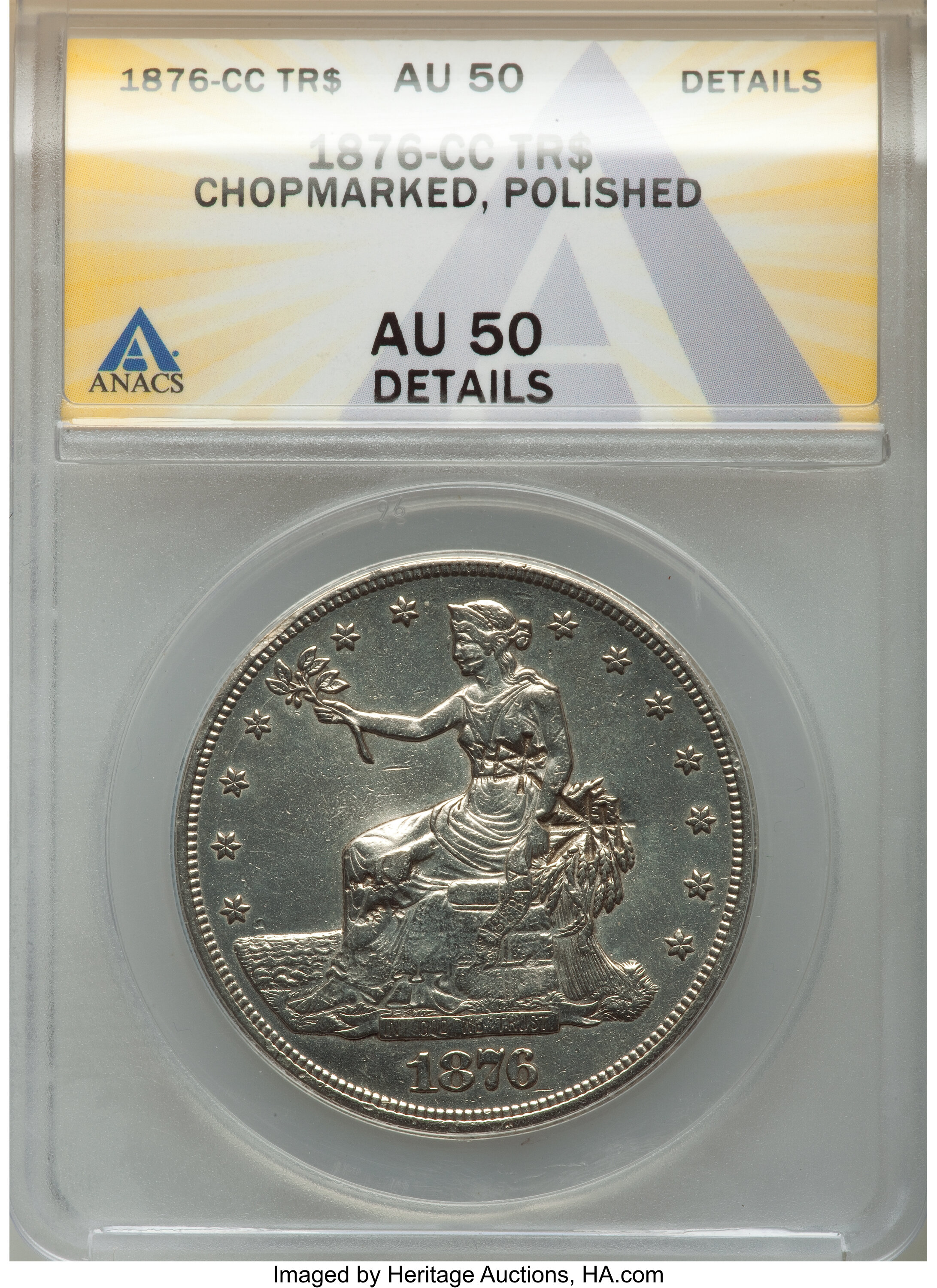 image for: 1876-CC T$1 Chop Mark -- Polished -- ANACS. AU50 Details....