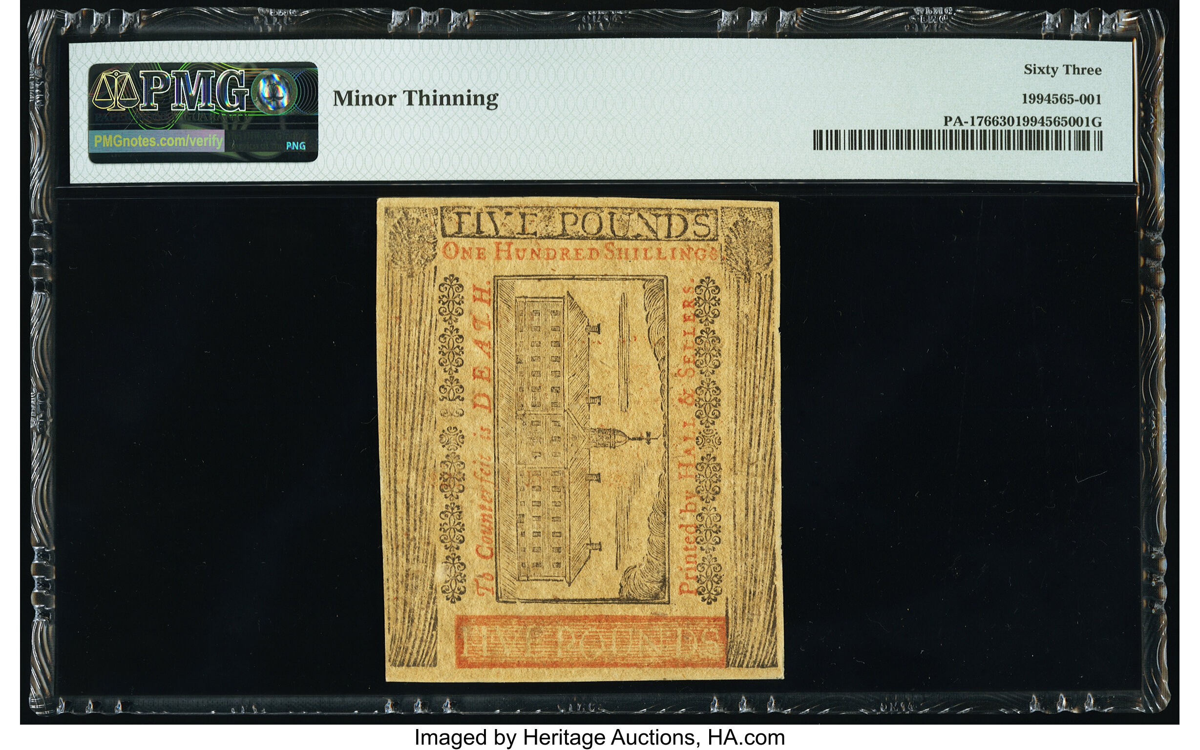 image for: Pennsylvania April 10, 1775 £5 PMG Choice Uncirculated 63....