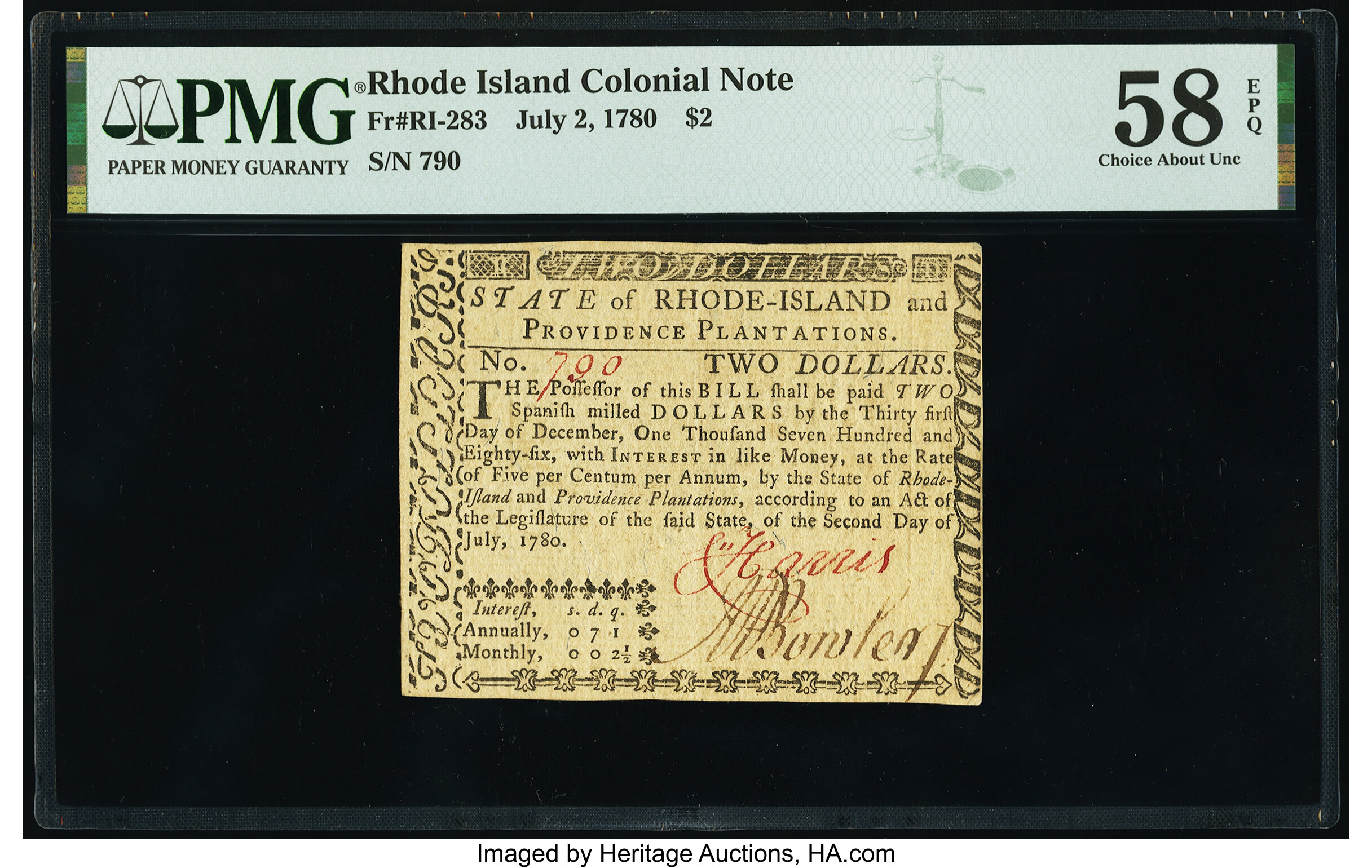 image for: Rhode Island July 2, 1780 $2 PMG Choice About Unc 58 EPQ....