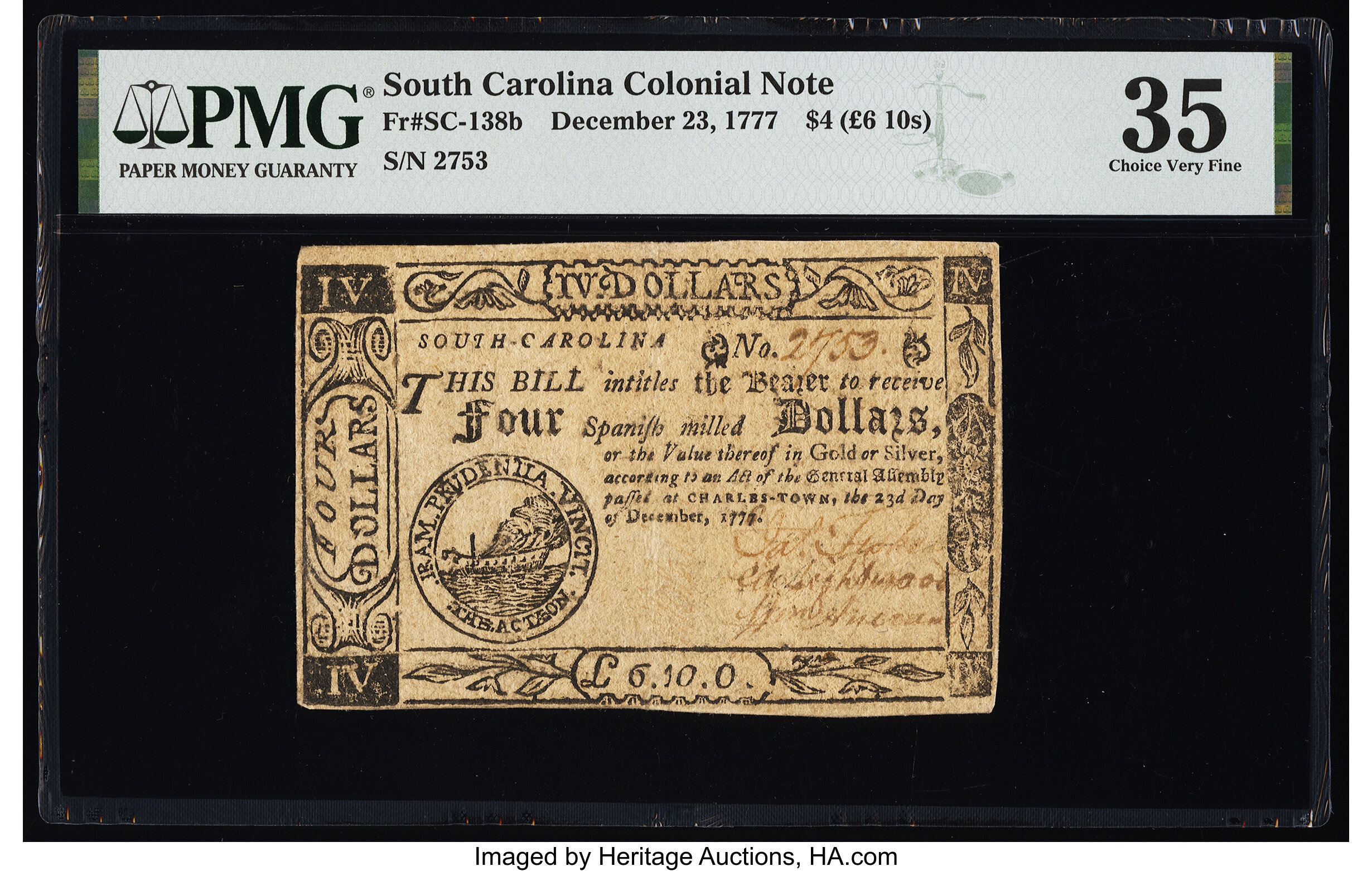 image for: South Carolina December 23, 1777 (erroneously dated) $4 PMG Choice Very Fine 35....