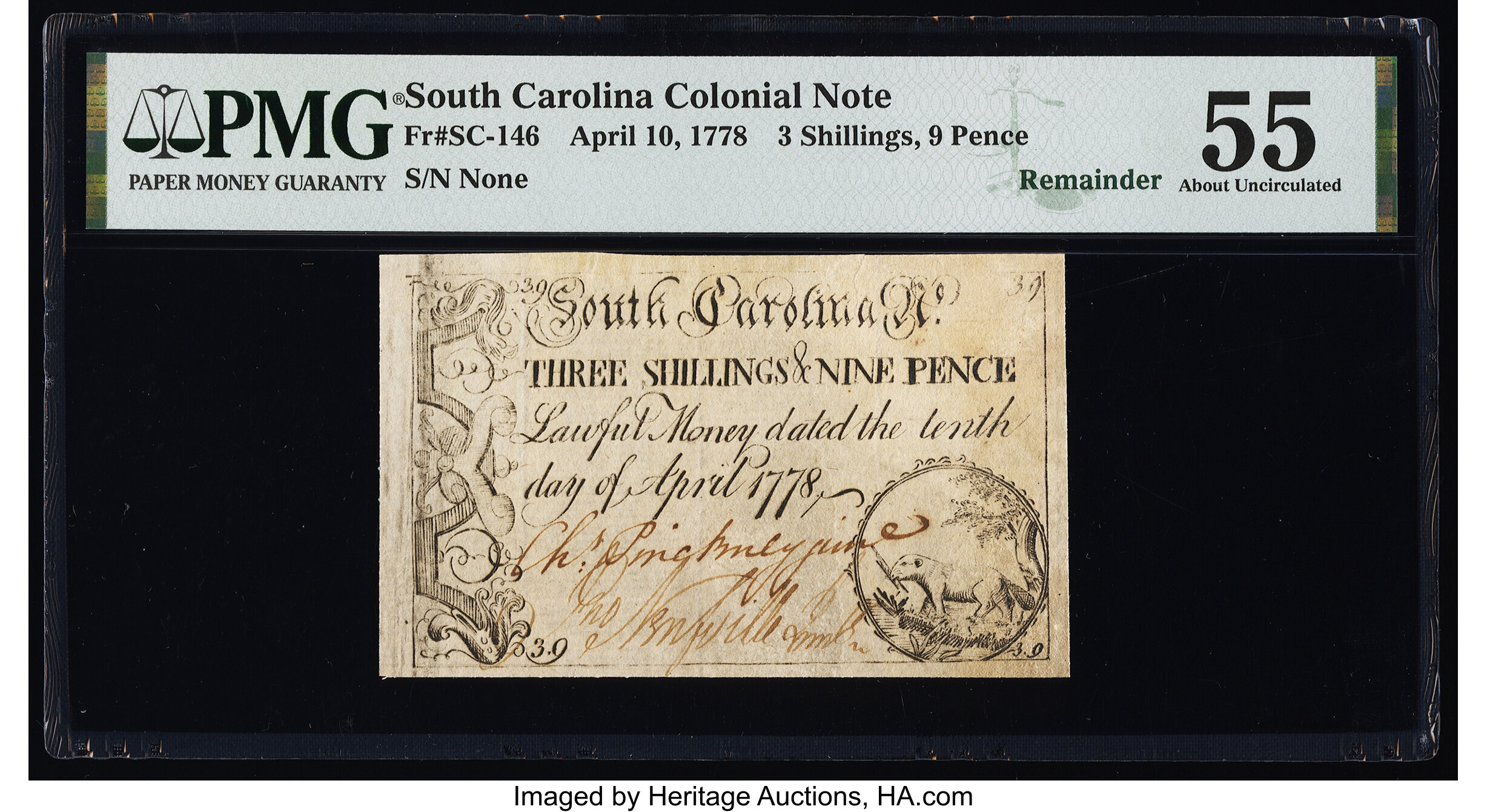 image for: South Carolina April 10, 1778 3s 9d Remainder PMG About Uncirculated 55....