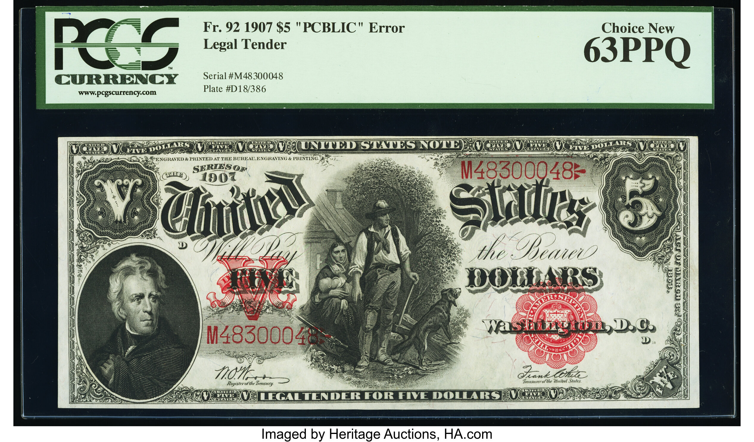 image for: Fr. 92 $5 1907 "PCBLIC" Error Legal Tender PCGS Choice New 63PPQ....