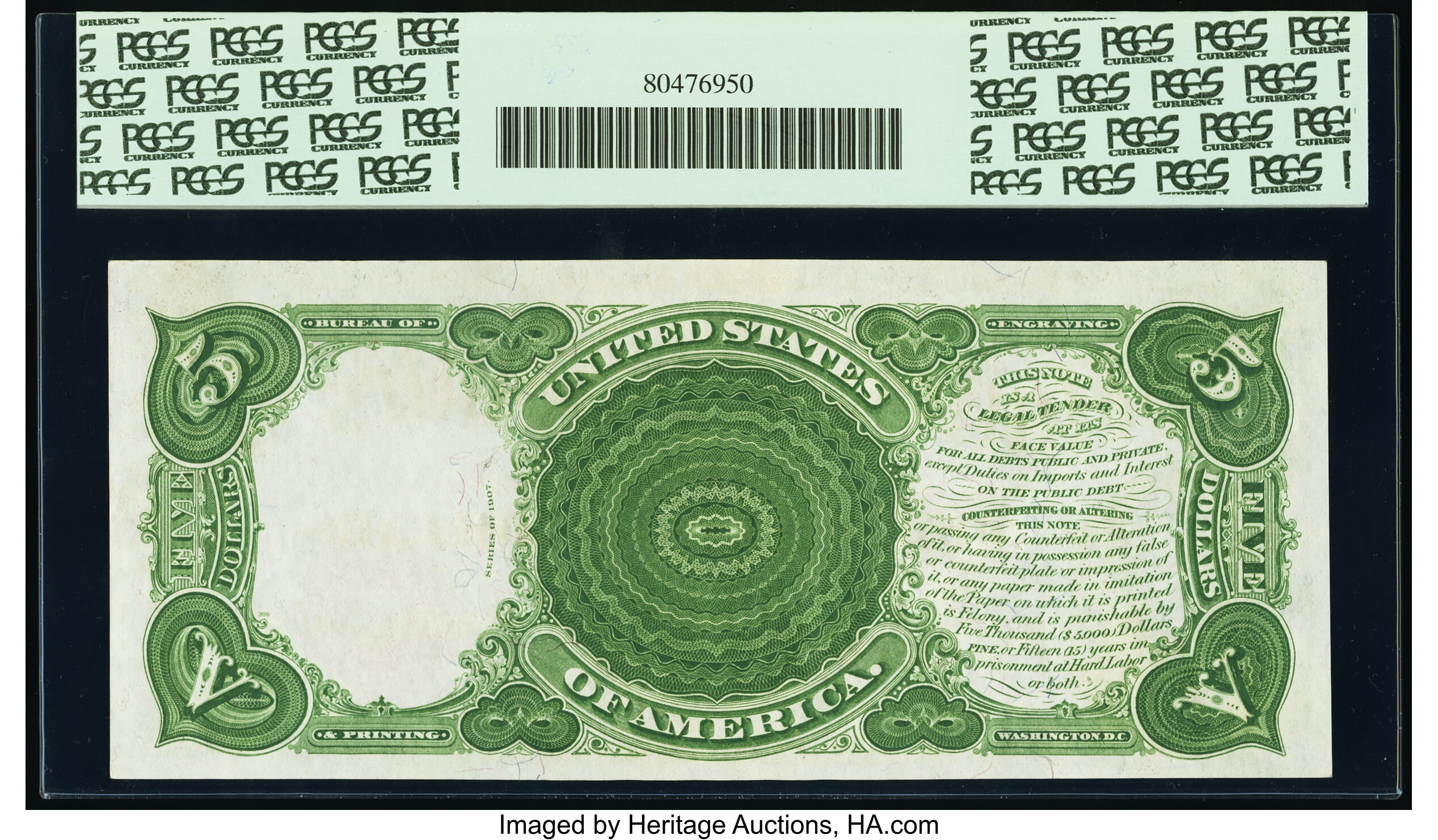 image for: Fr. 92 $5 1907 "PCBLIC" Error Legal Tender PCGS Choice New 63PPQ....