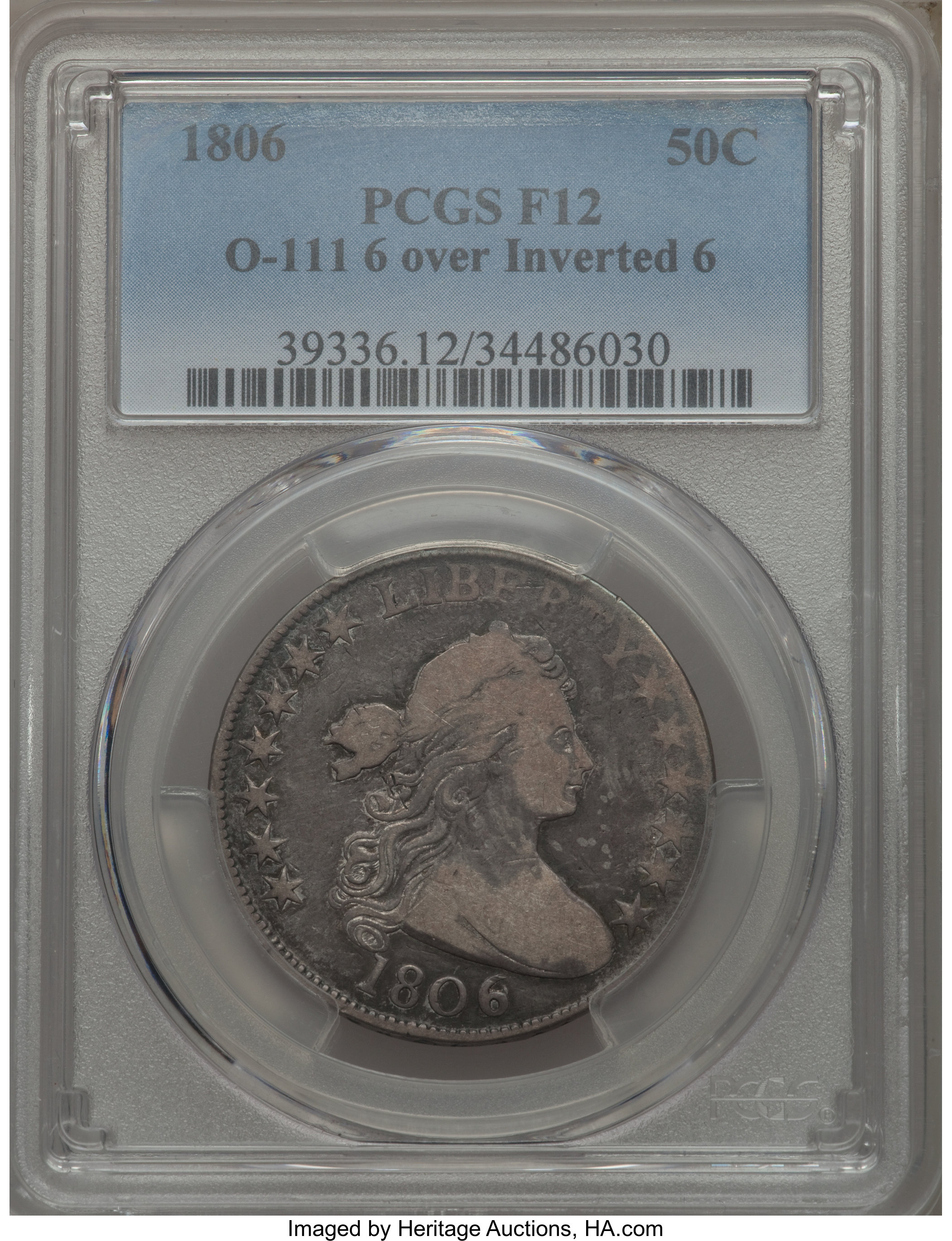 image for: 1806 50C 6 Over Inverted 6, O-111, T-11, R.3, Fine 12 PCGS. PCGS Population: (1/2). NGC Census: (2/3). Fine 12. From ...