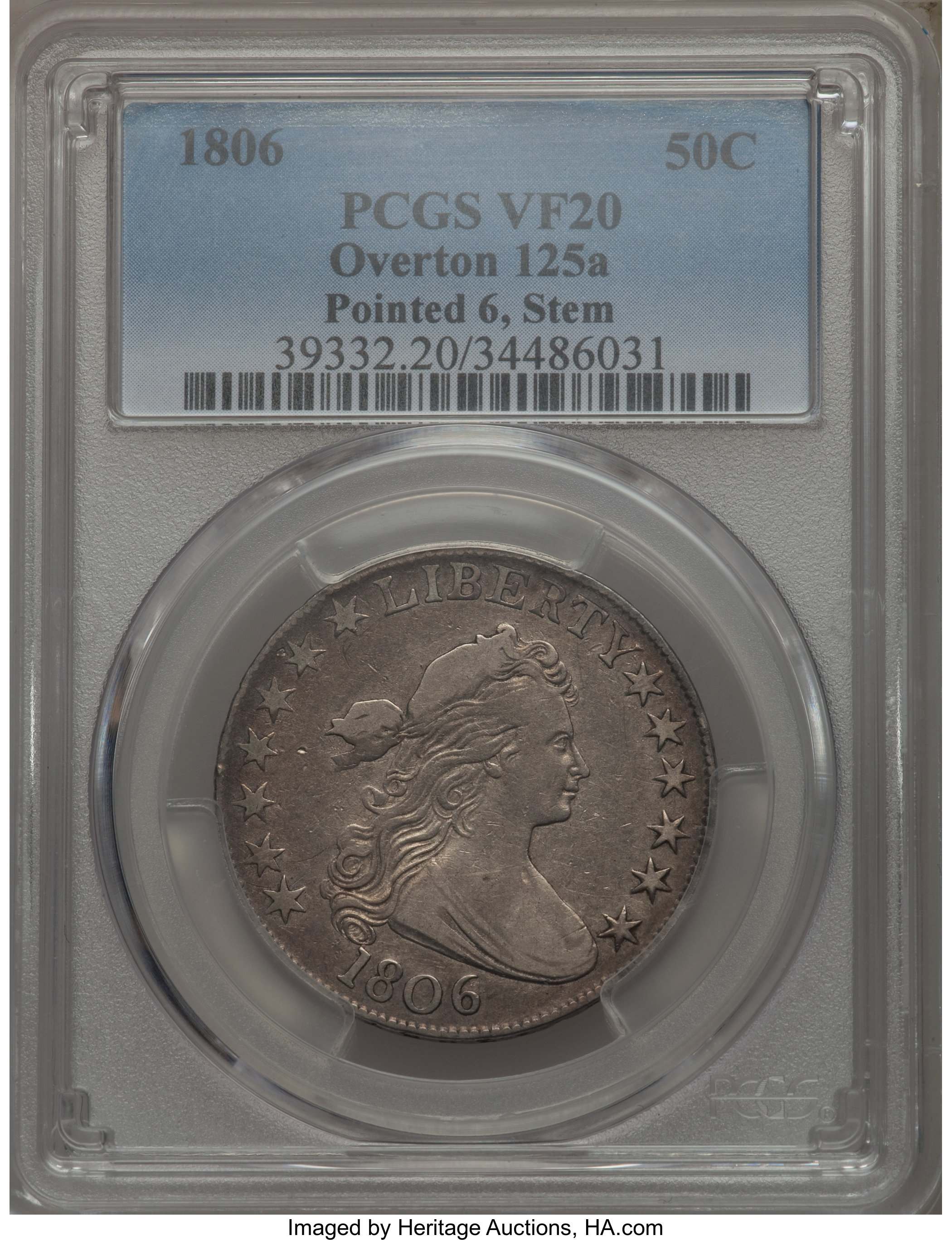 image for: 1806 50C Pointed 6, Stem, O-125a, T-14, R.5, VF20 PCGS. PCGS Population: (1/0). NGC Census: (0/0). VF20. From The Lom...