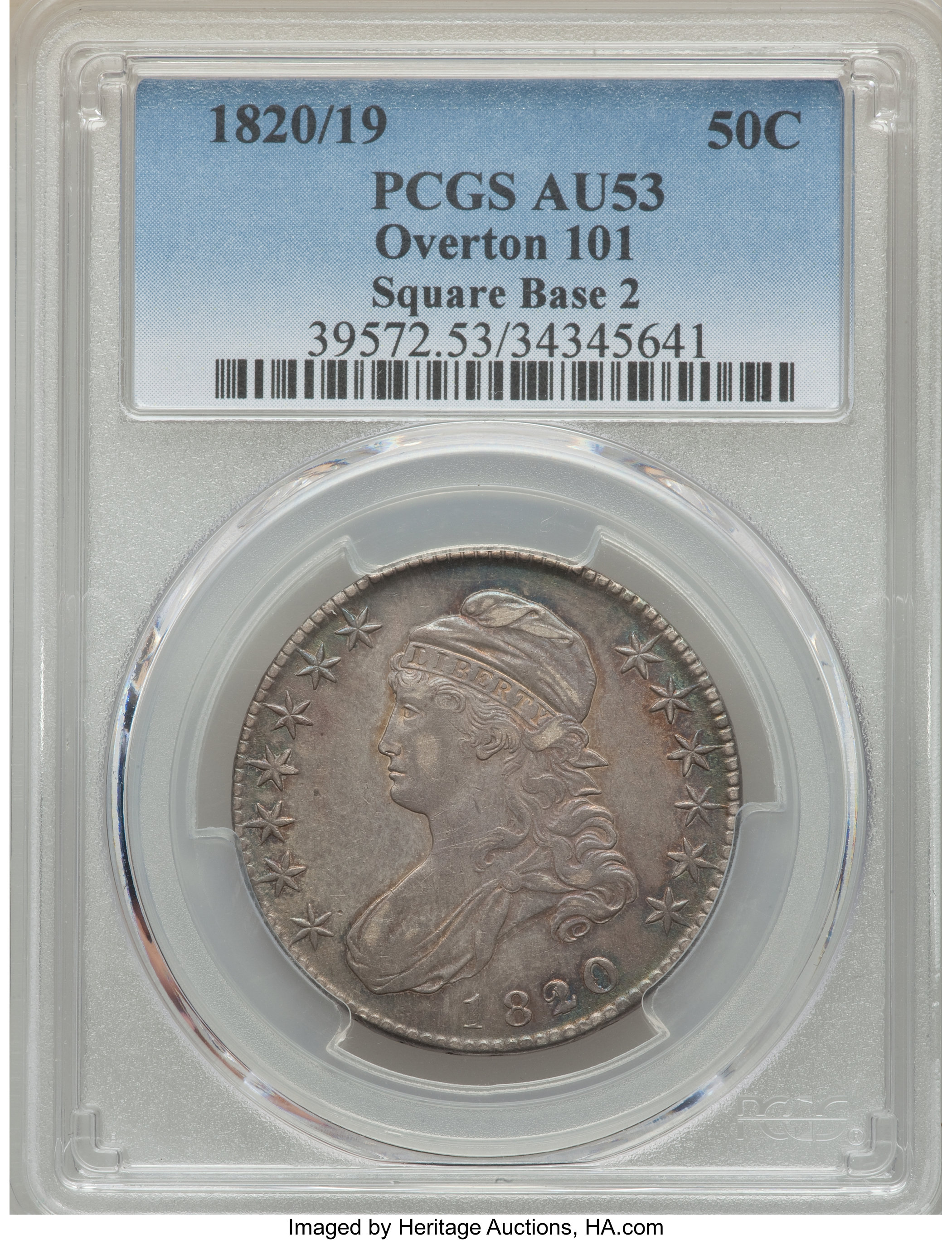 image for: 1820/19 50C Square Base 2, O-101, R.2, AU53 PCGS. NGC Census: (7/7). PCGS Population: (1/6). AU53. Mintage 751,122....