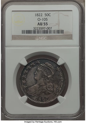 image for: 1822 50C O-105, R.3, AU55 NGC. NGC Census: (7/3). PCGS Population: (2/5). AU55. Mintage 1,559,573. From The Digiovann...