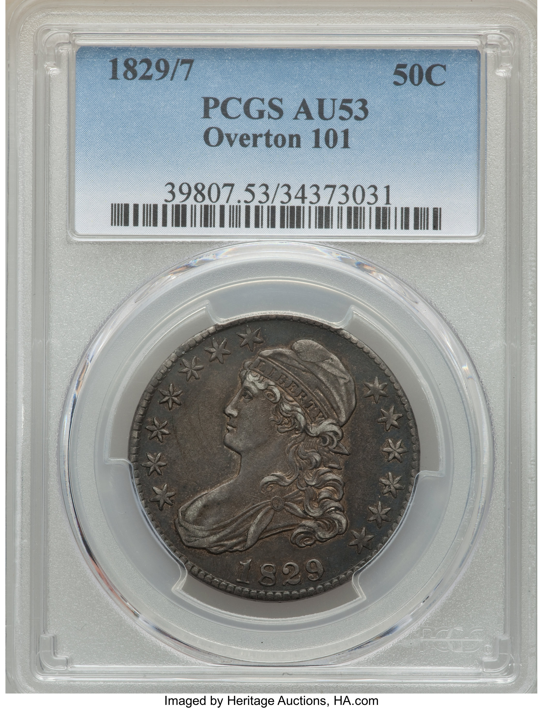 image for: 1829/7 50C O-101, R.1, AU53 PCGS. PCGS Population: (2/8). NGC Census: (0/6). AU53. Mintage 3,712,156. ...
