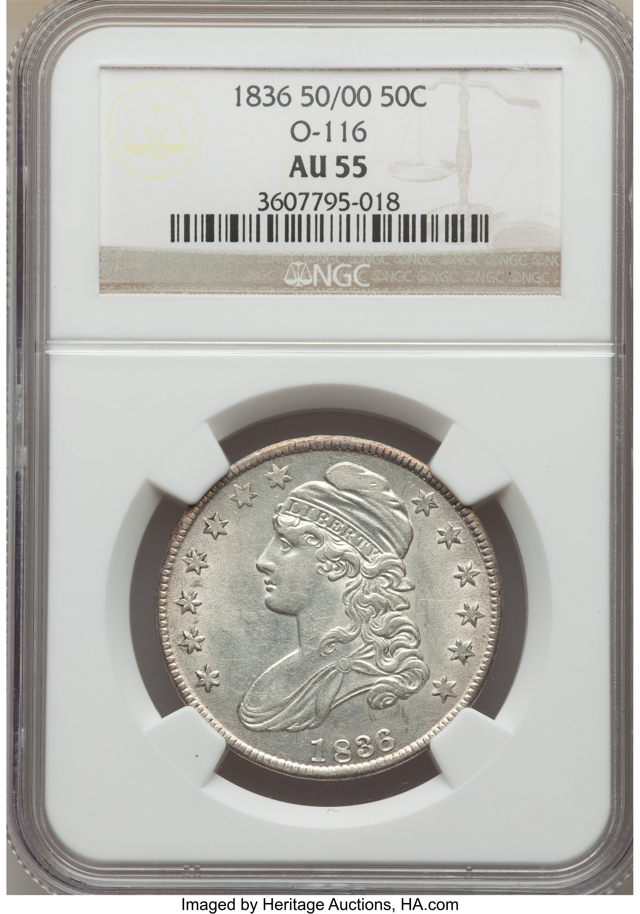 image for: 1836 50C 50/00, Lettered Edge, O-116, R.2, AU55 NGC. NGC Census: (8/17). PCGS Population: (2/5). AU55. Mintage 6,545,000....