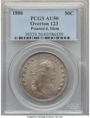 image for: 1806 50C Pointed 6, Stem, O-123, T-23, Low R.5, AU50 PCGS....