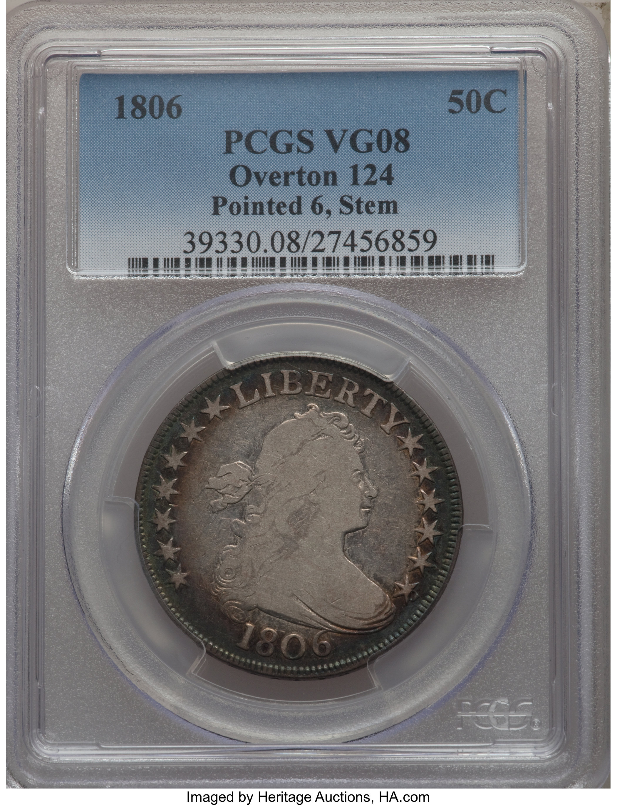 image for: 1806 50C E Over A in STATES, O-124, T-22, R.6, VG8 PCGS....