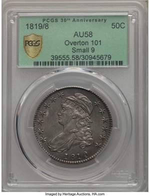 image for: 1819/8 50C Small 9, O-101, R.1, AU58 PCGS Secure....