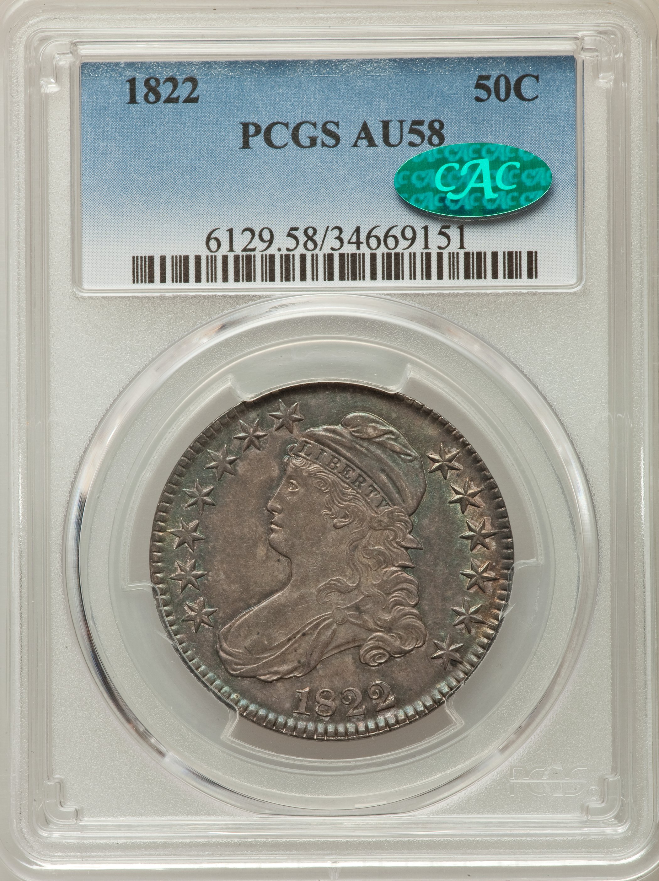 image for: 1822 50C O-106a, R.3, AU58 PCGS. CAC....