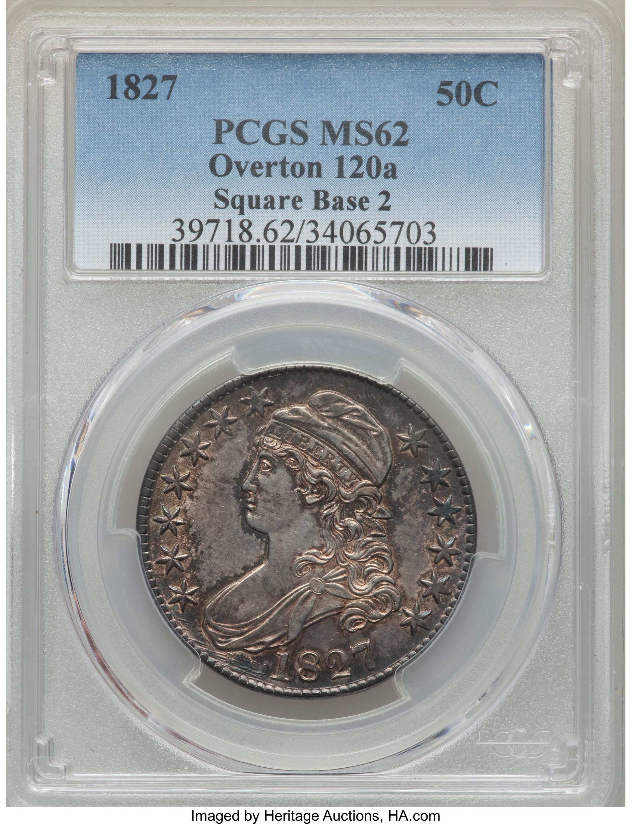 image for: 1827 50C Square Base 2, O-120a, R.3, MS62 PCGS....