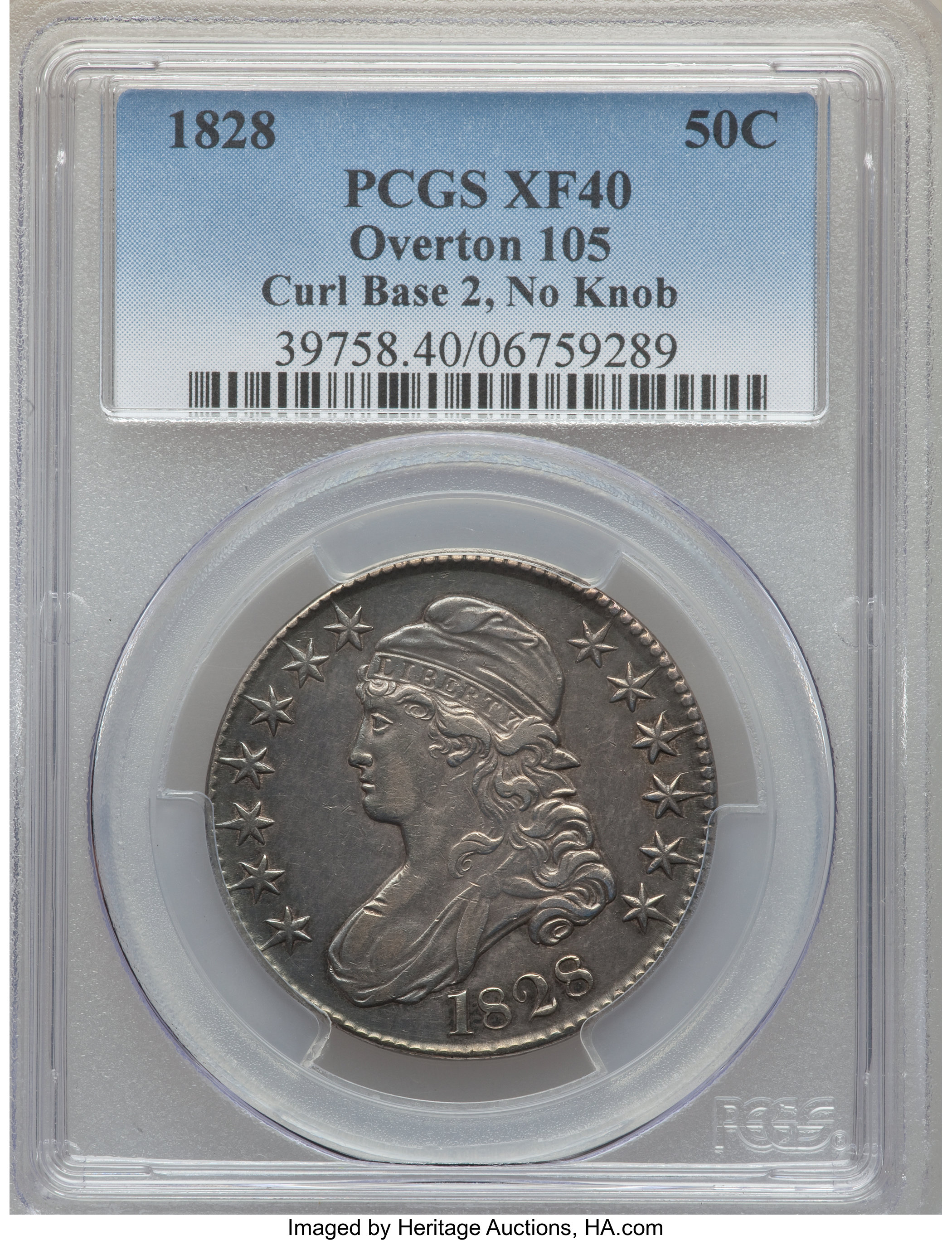 image for: 1828 50C Curl Base 2, No Knob, O-105, R.5, XF40 PCGS....
