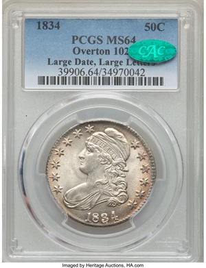 image for: 1834 50C Large Date, Large Letters, O-102, R.1, MS64 PCGS. CAC....