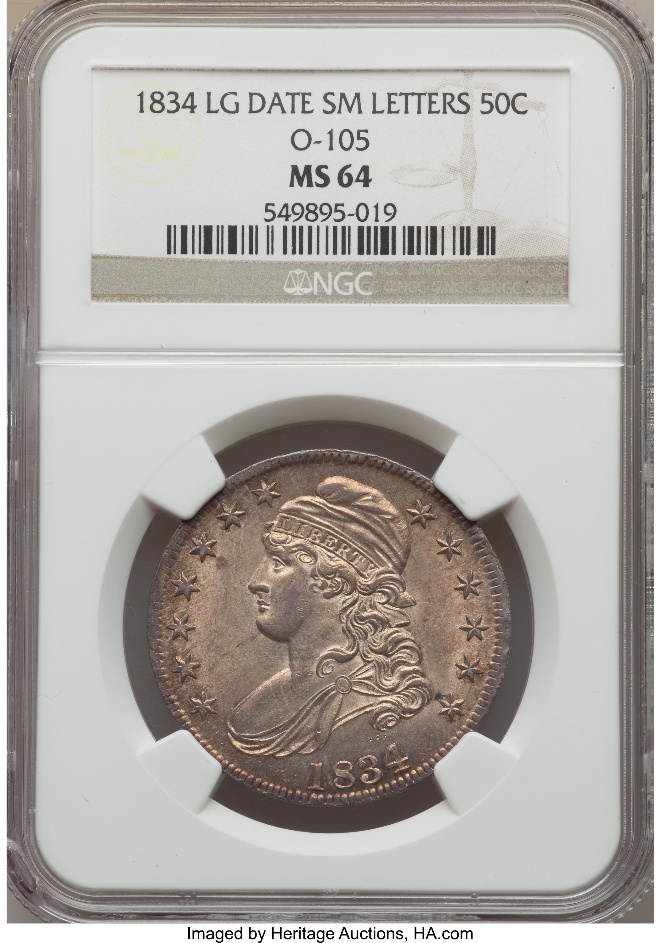 image for: 1834 50C Large Date, Small Letters, O-105, R.1, MS64 NGC....