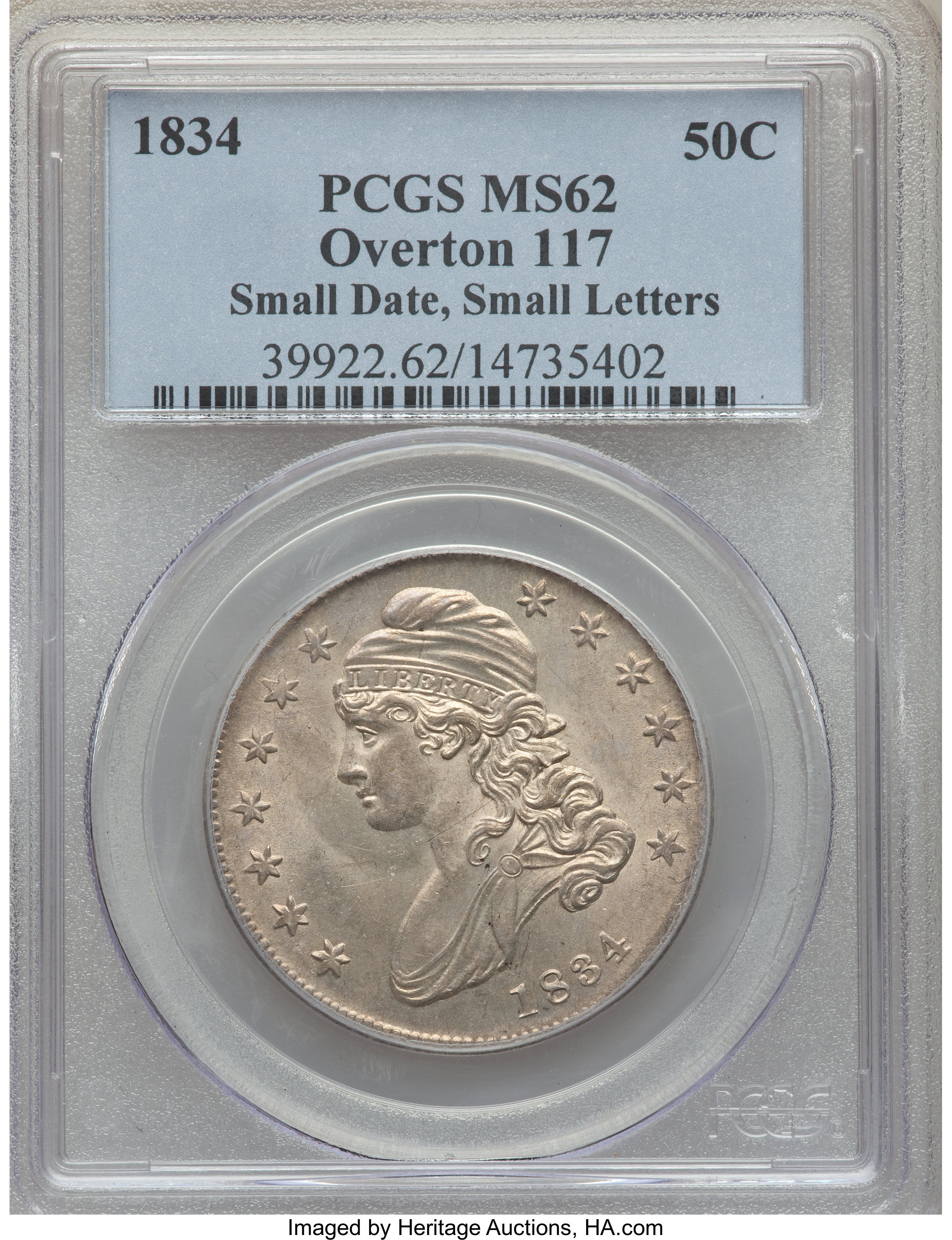 image for: 1834 50C Small Date, Small Letters, O-117, R.2, MS62 PCGS....