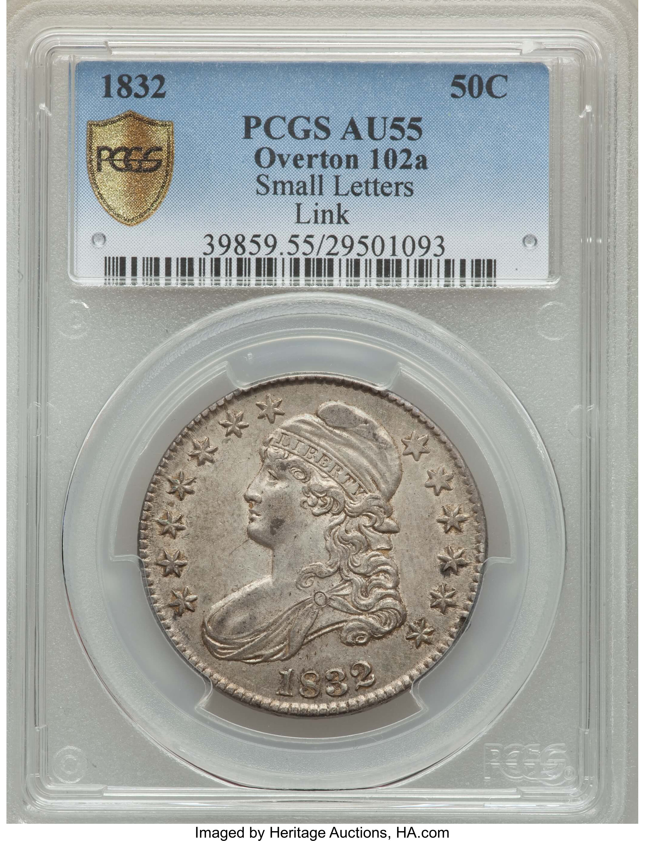image for: 1832 50C Small Letters, O-102a, R.3, AU55 PCGS Secure. Ex: Link. PCGS Population: (2/4 and 0/0+). NGC Census: (4/4 and 0/0+...
