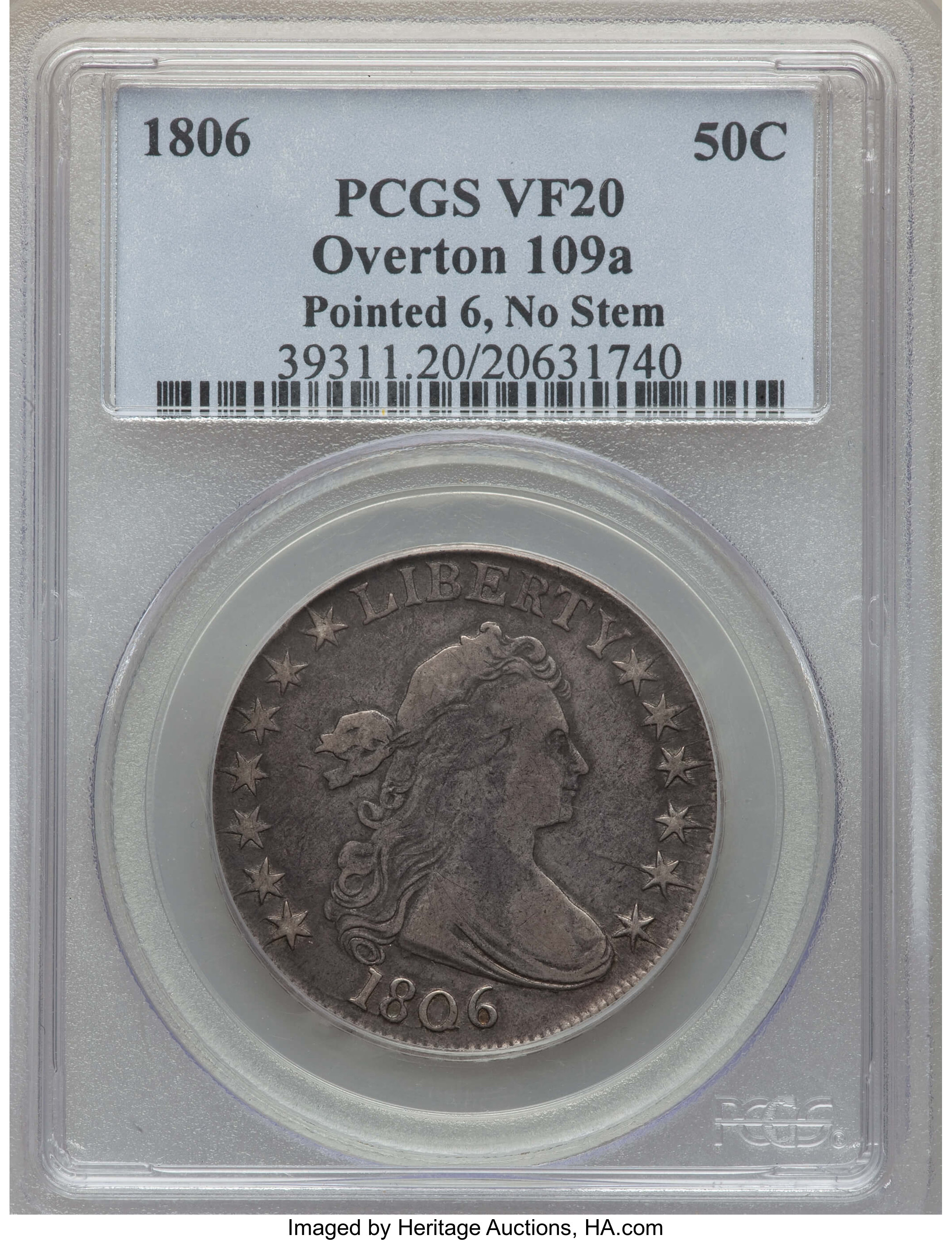 image for: 1806 50C Pointed 6, No Stem, O-109a, T-15, R.3, VF20 PCGS. EX: "E.B.Strickland Collection". PCGS Population: (1/7). NGC Cen...