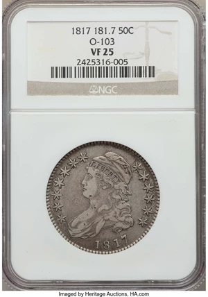 image for: 1817 50C 181.7, O-103, R.2, VF25 NGC. EX: "E.B. Strickland Collection". NGC Census: (3/27). PCGS Population: (1/33). ...
