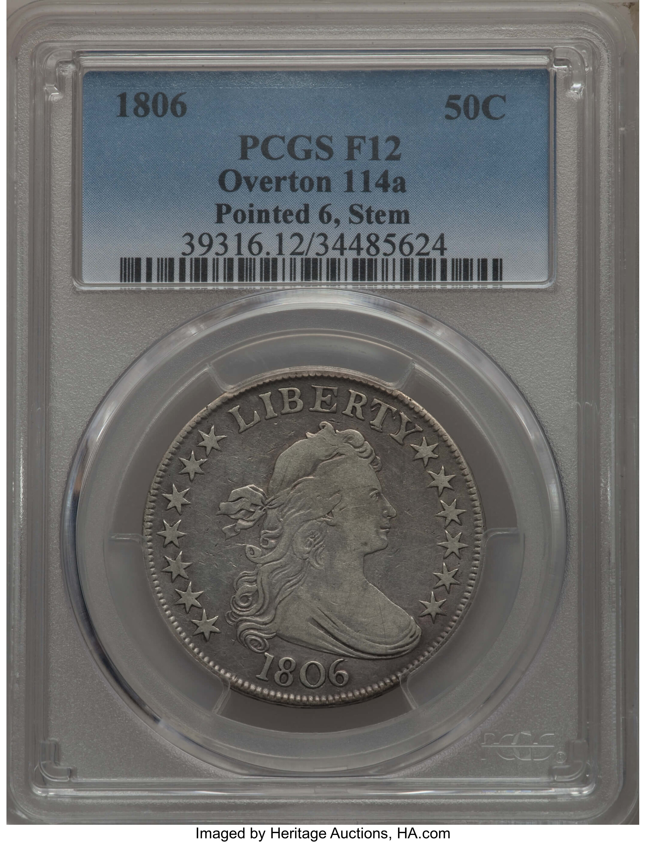image for: 1806 50C Pointed 6, Stem, O-114a, T-16, R.4, Fine 12 PCGS. PCGS Population: (2/8). NGC Census: (0/10). Fine 12. ...