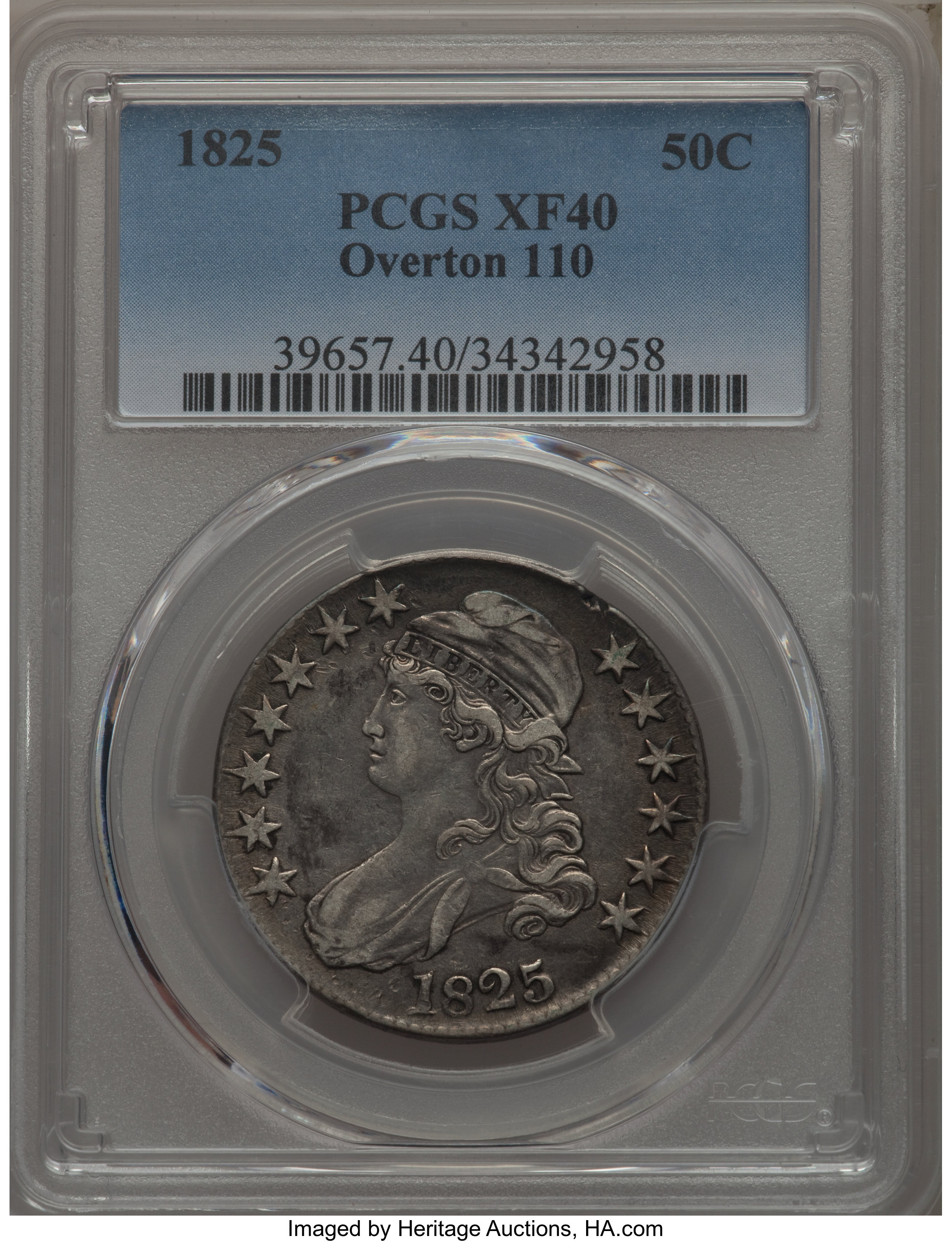image for: 1825 50C O-110, R.2, XF40 PCGS. PCGS Population: (2/17). NGC Census: (2/22). XF40. Mintage 2,900,000. ...