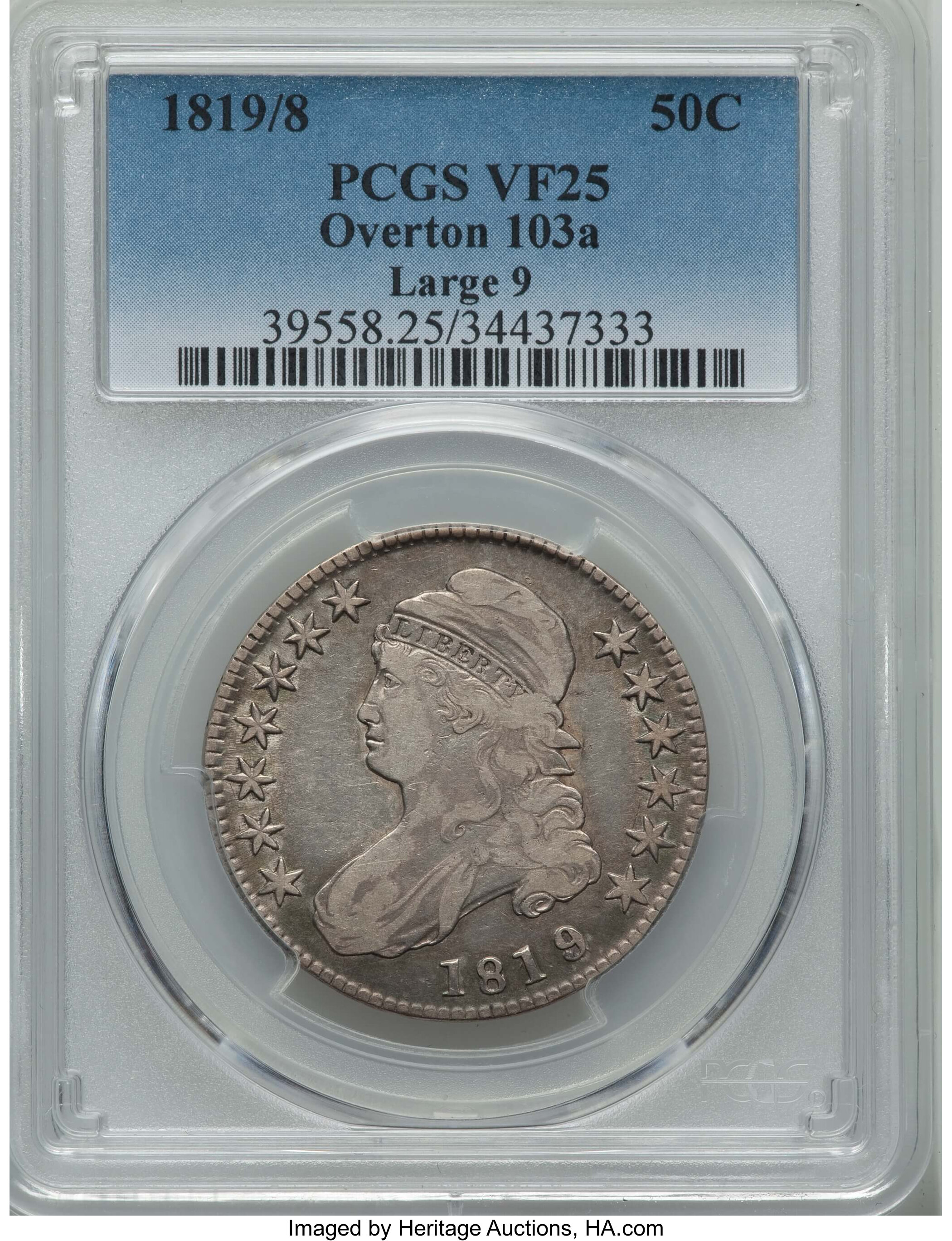 image for: 1819/8 50C Large 9, O-103a, R.4, VF25 PCGS. PCGS Population: (1/16). NGC Census: (0/11)....