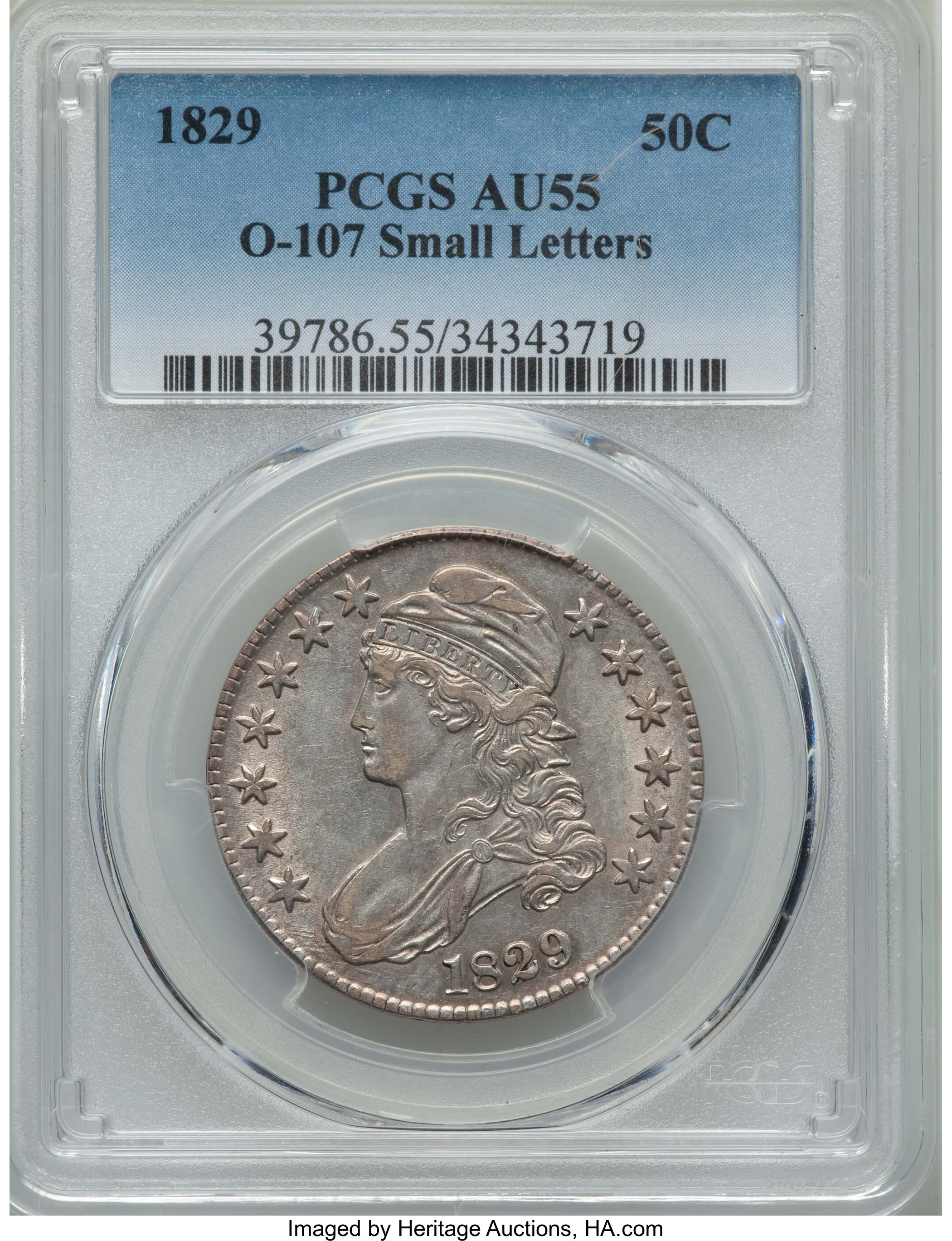 image for: 1829 50C Small Letters, O-107, R.3, AU55 PCGS. PCGS Population: (4/4). NGC Census: (4/4). AU55. Mintage 3,712,156. ...