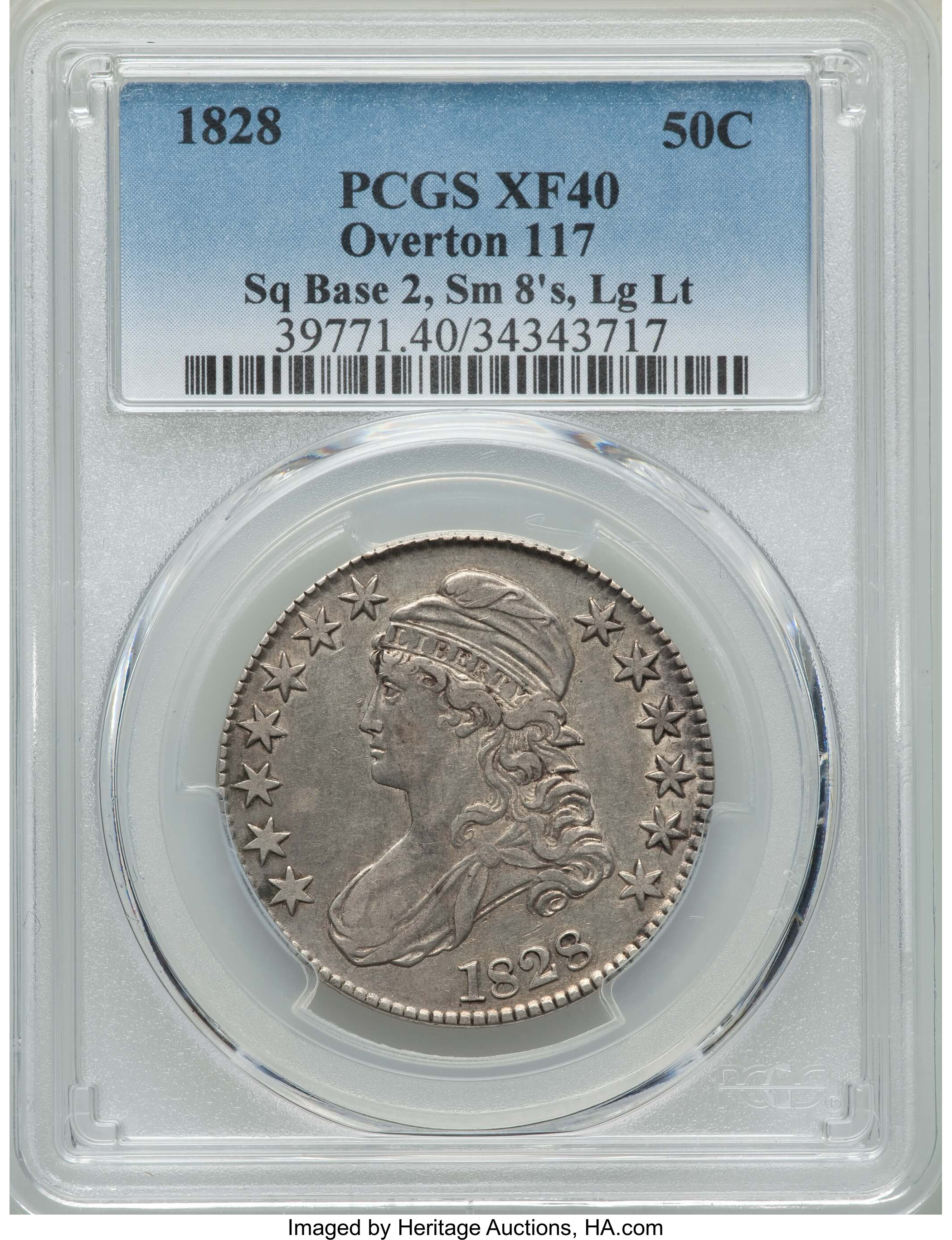 image for: 1828 50C Square Base 2, Small 8s, Large Letters, O-117, R.1, XF40 PCGS. PCGS Population: (4/19). NGC Census: (2/30). XF40. ...