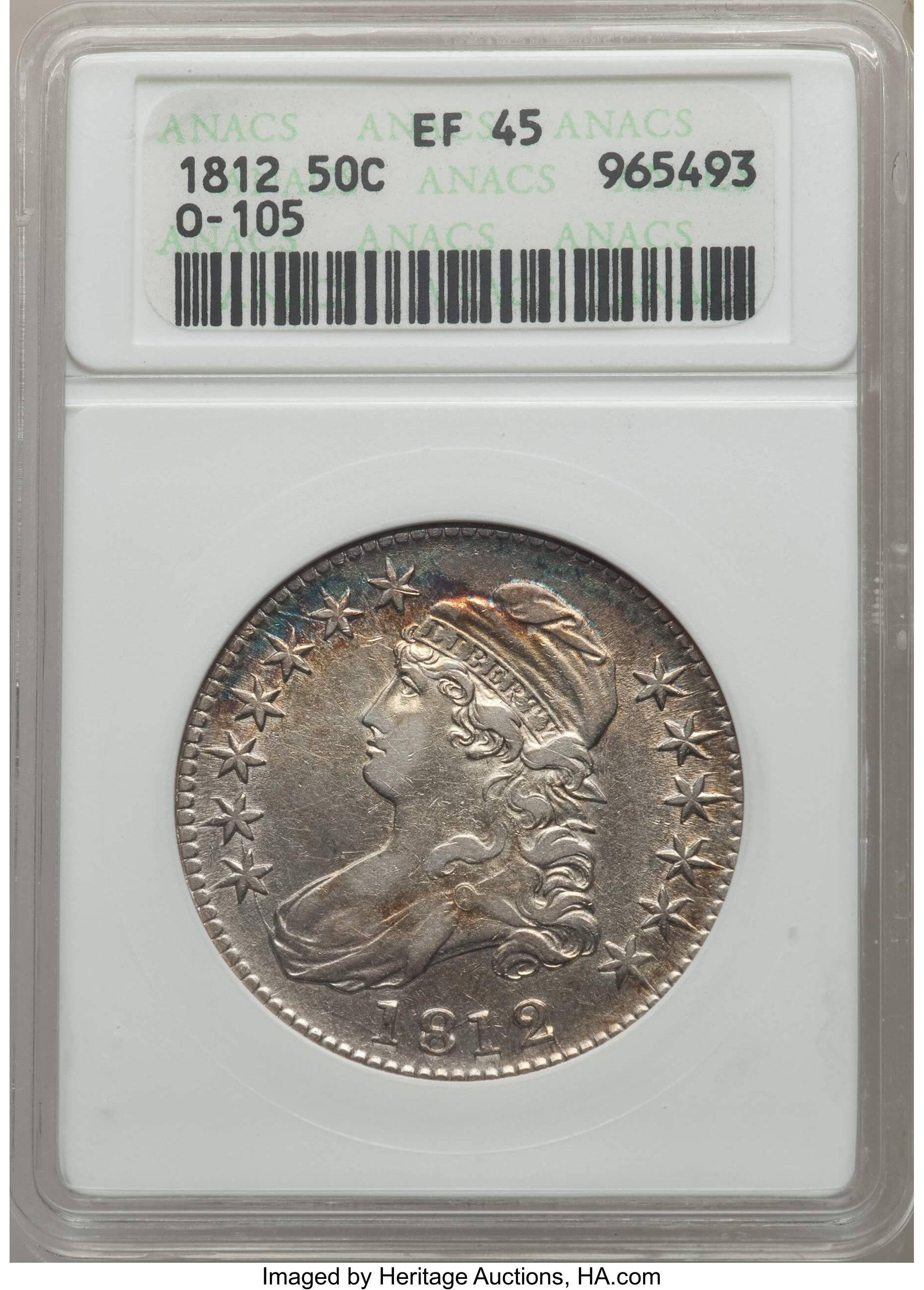 image for: 1812 50C Large 8, O-105, R.1, XF45 ANACS. NGC Census: (0/11). PCGS Population: (0/10). XF45. Mintage 1,628,059. ...