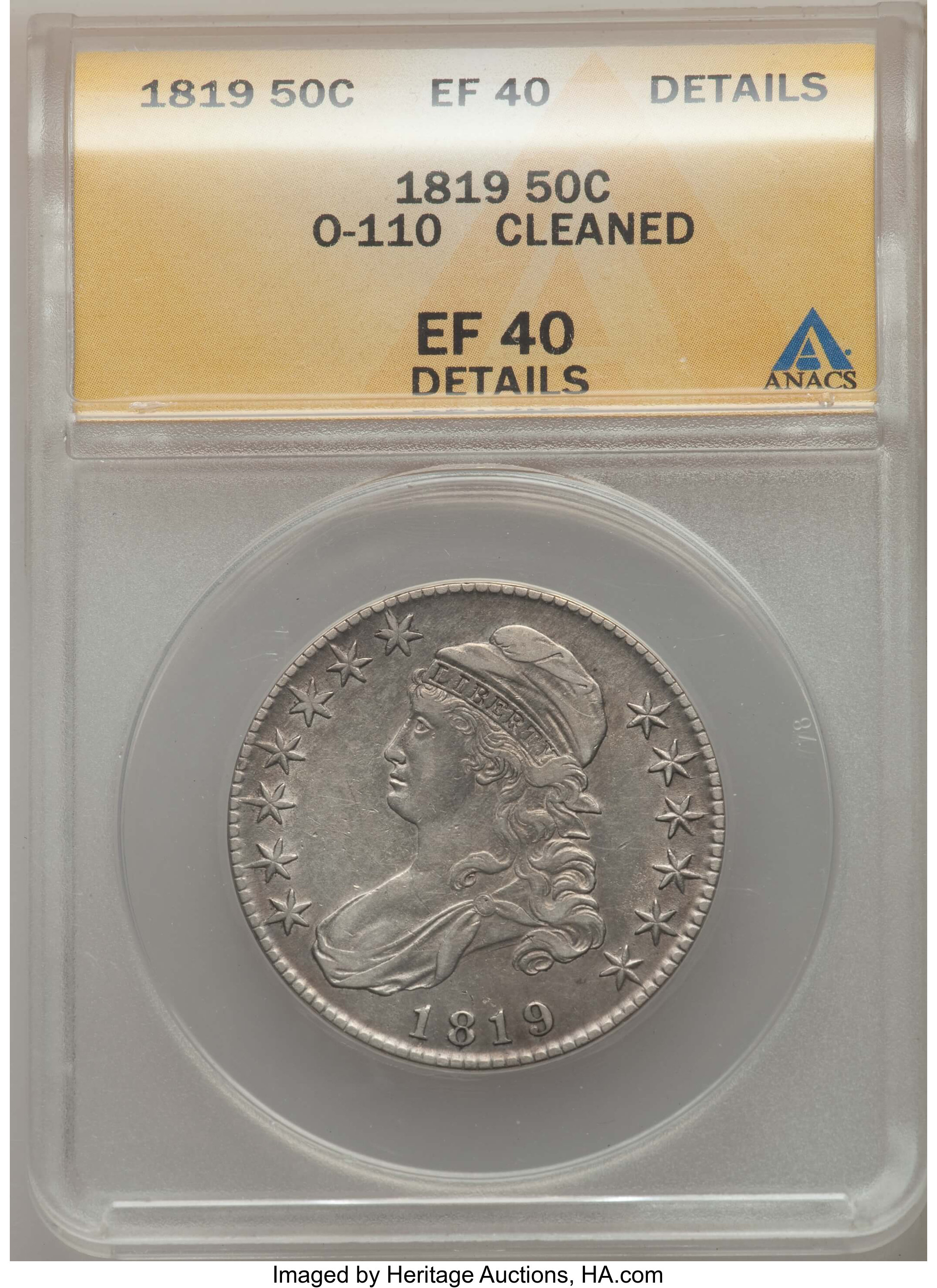 image for: 1819 50C O-110a, R.3, -- Cleaned -- ANACS. XF40 Details. NGC Census: (0/12). PCGS Population: (1/8). XF40. ...