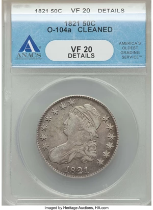 image for: 1821 50C O-104a, R.2, -- Cleaned -- ANACS. VF20 Details. NGC Census: (0/16). PCGS Population: (0/10). VF20. Mintage 1,305,7...