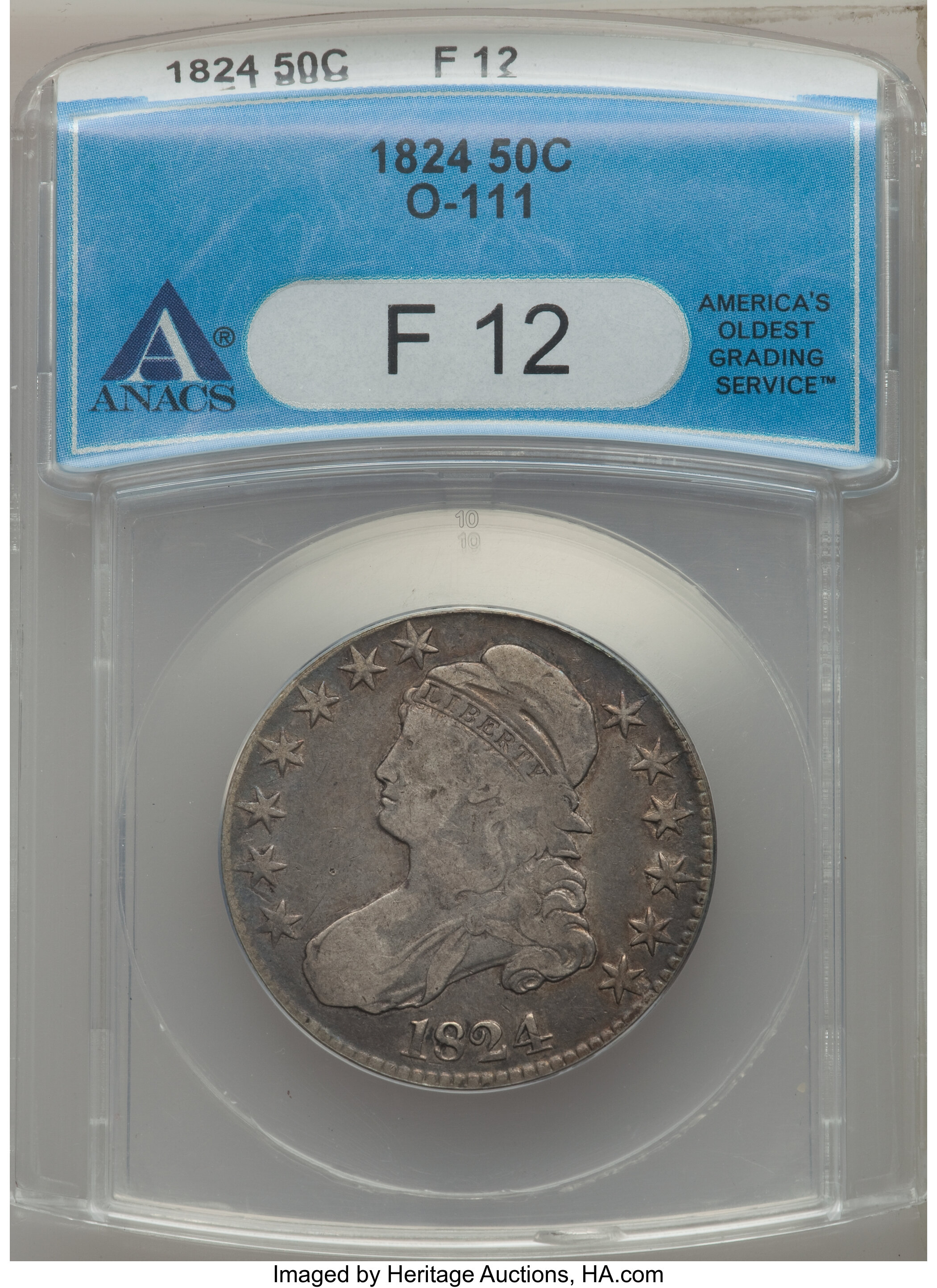 image for: 1824 50C O-111, R.2, Fine 12 ANACS. NGC Census: (2/44). PCGS Population: (0/25). Fine 12. Mintage 3,504,954. ...
