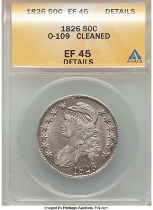 image for: 1826 50C O-109, R.1, -- Cleaned -- ANACS. XF45 Details. NGC Census: (3/11). PCGS Population: (6/13). XF45. Mintage 4,000,00...