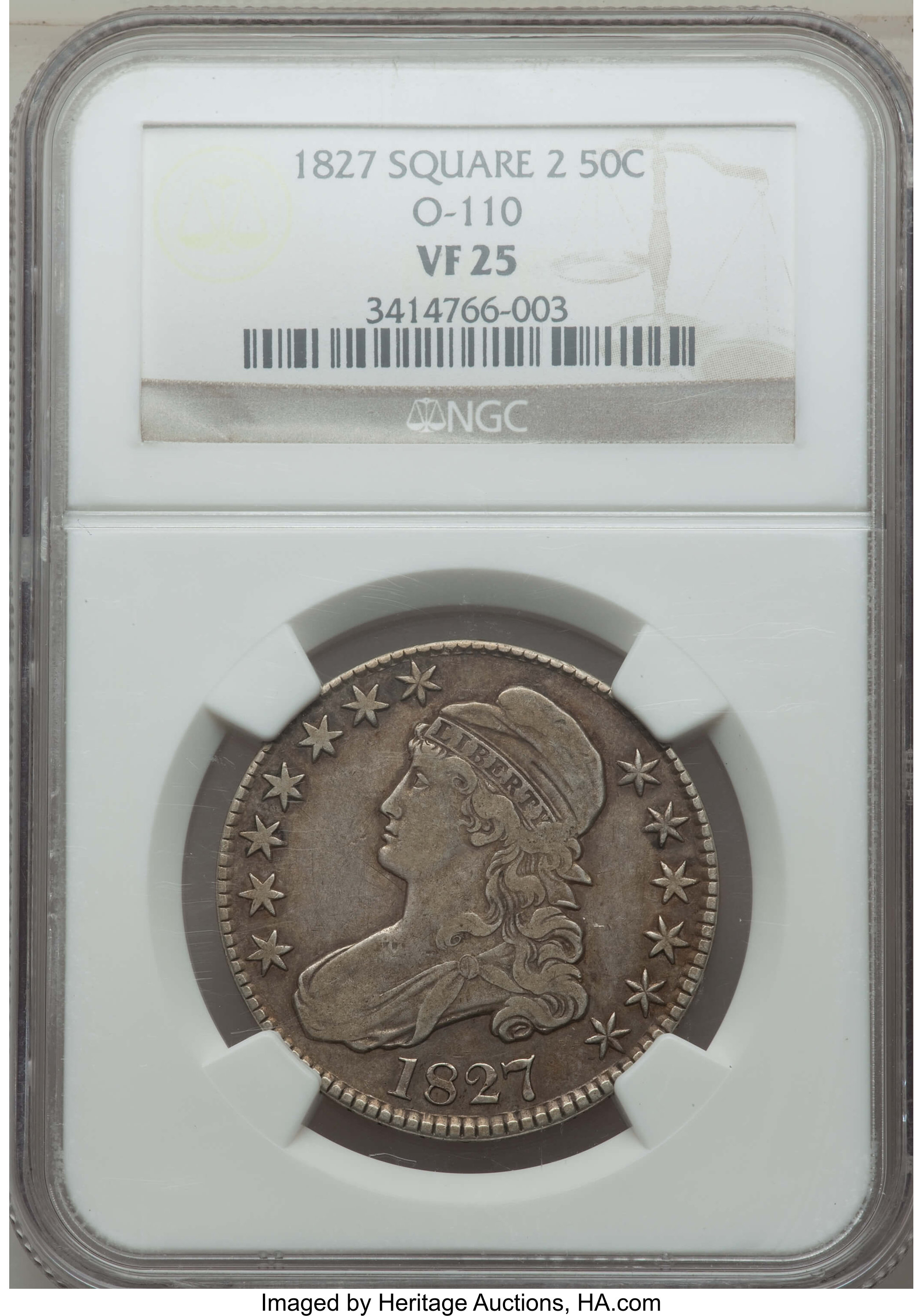 image for: 1827 50C Square Base 2, O-110, Low R.4, VF25 NGC. NGC Census: (1/16). PCGS Population: (0/18).  Mintage 5,493,400. ...