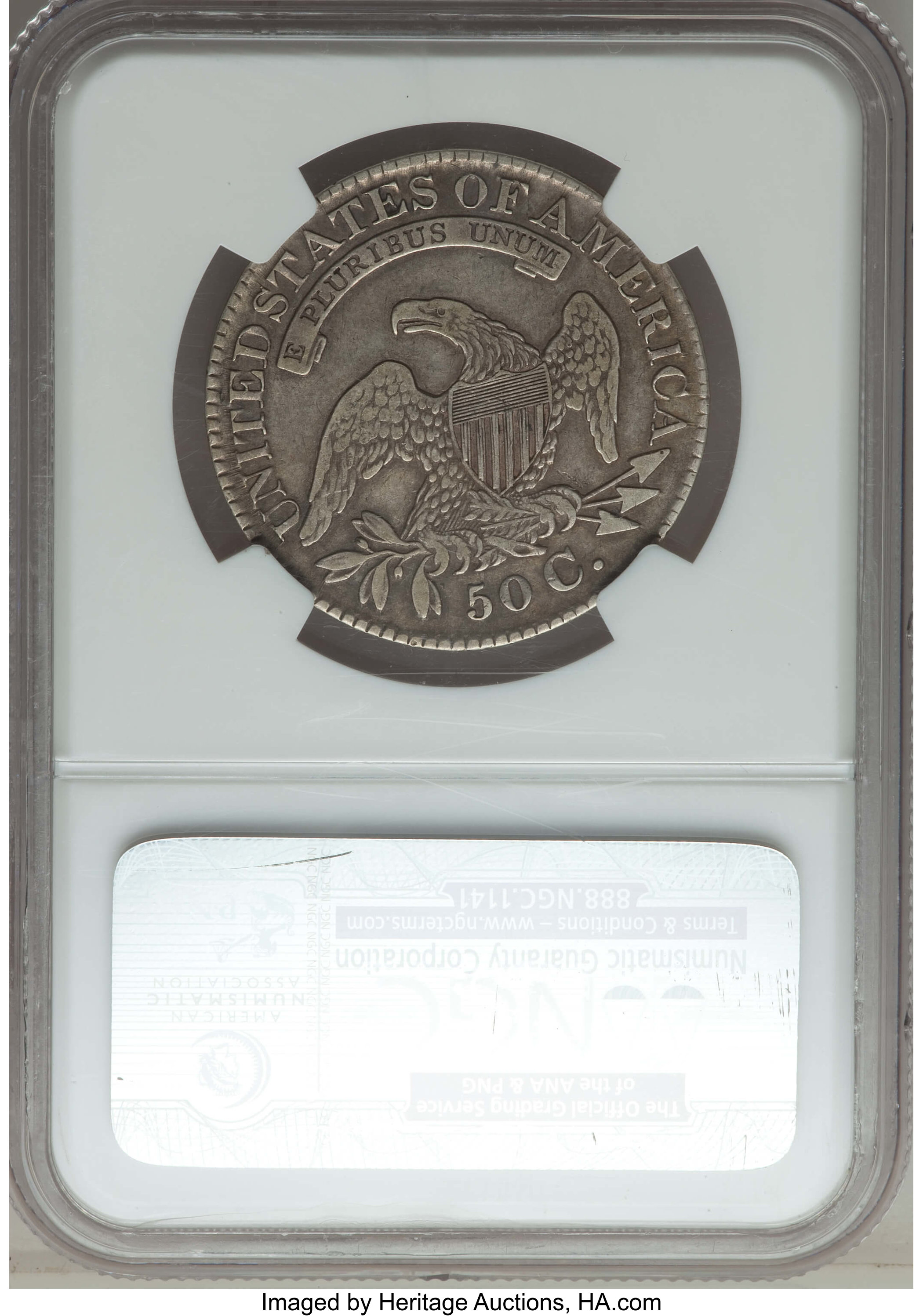 image for: 1827 50C Square Base 2, O-110, Low R.4, VF25 NGC. NGC Census: (1/16). PCGS Population: (0/18).  Mintage 5,493,400. ...