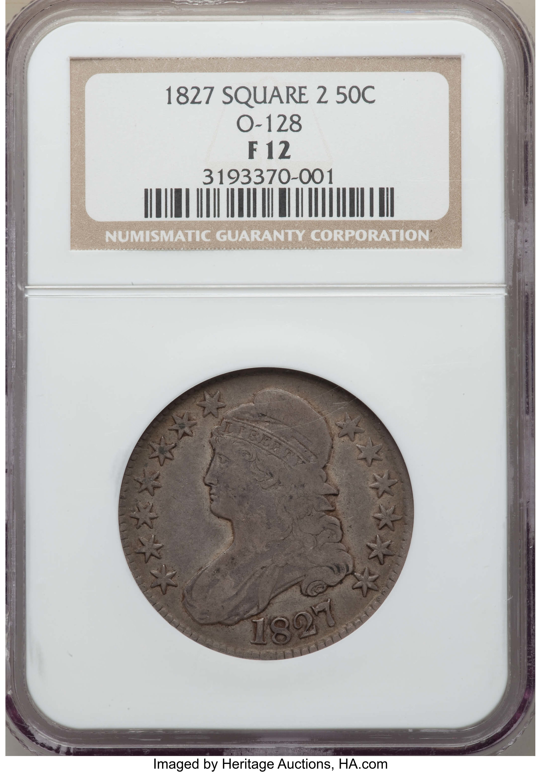 image for: 1827 50C Square Base 2, O-128, Low R.4, Fine 12 NGC. NGC Census: (1/10). PCGS Population: (0/10).  ...