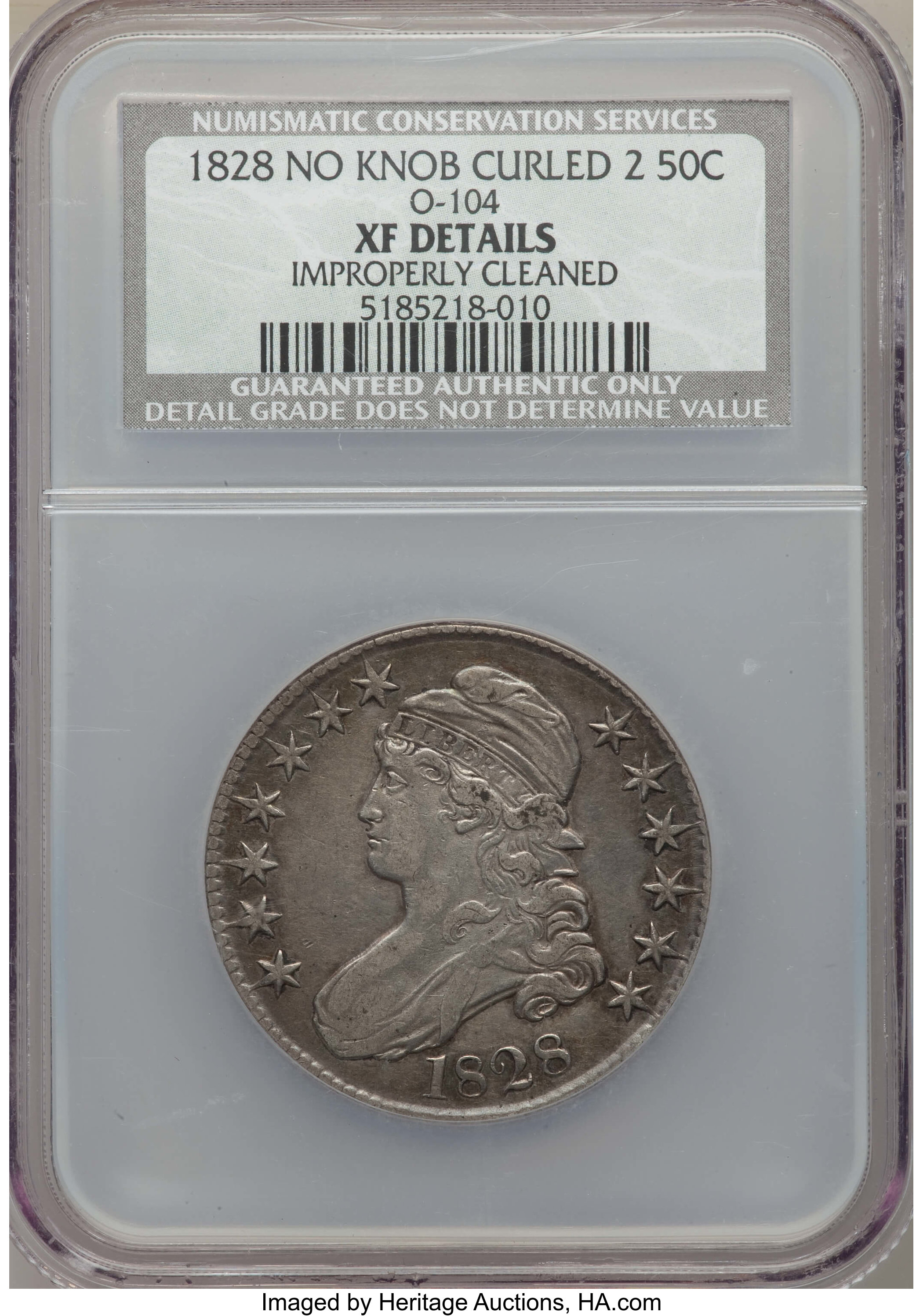 image for: 1828 50C Curl Base 2, No Knob, O-104, R.3, -- Improperly Cleaned -- NCS. XF Details. NGC Census: (0/11). PCGS Populatio...