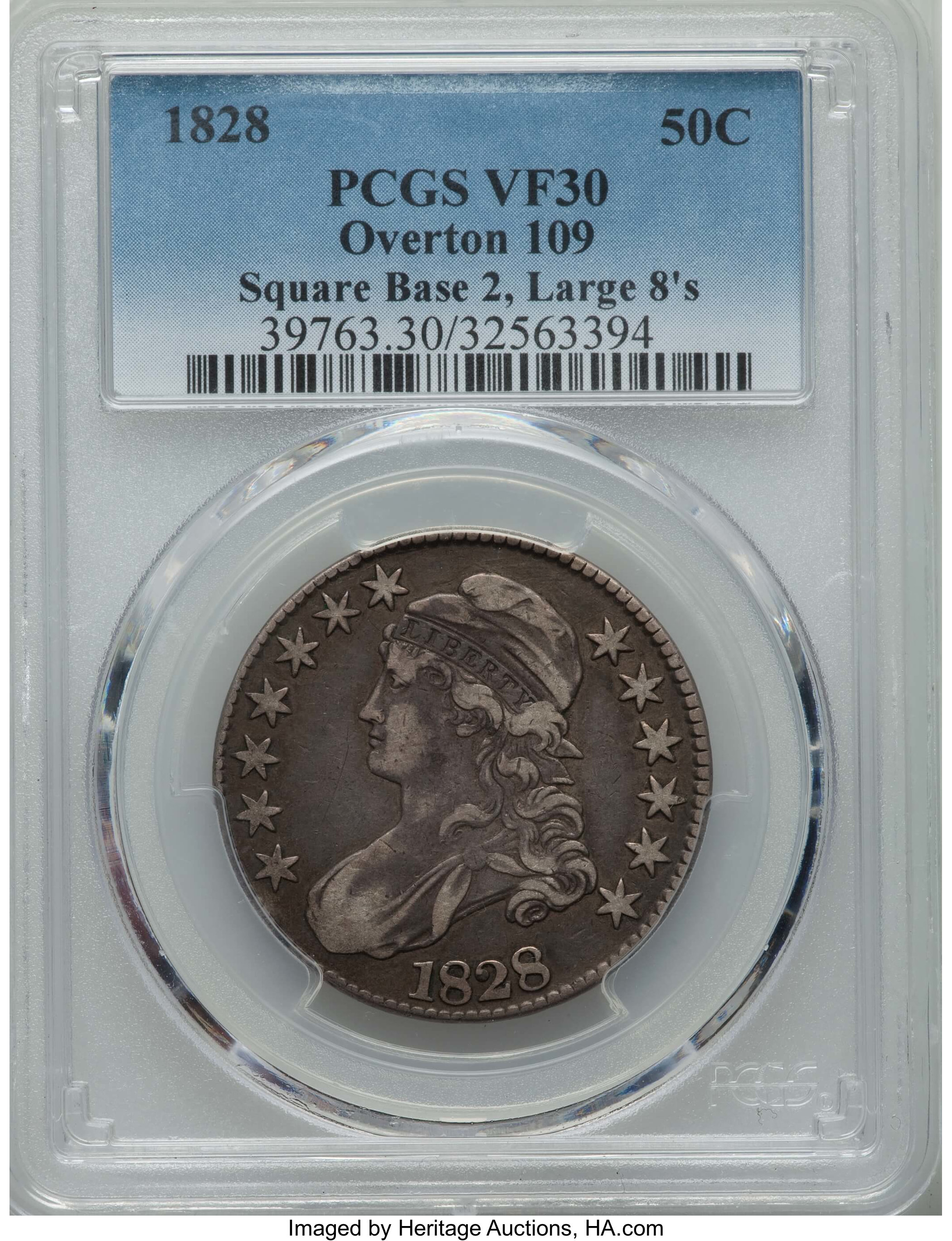 image for: 1828 50C Square Base 2, Large 8s, O-109, R.3, VF30 PCGS. PCGS Population: (2/12). NGC Census: (2/20).  ...