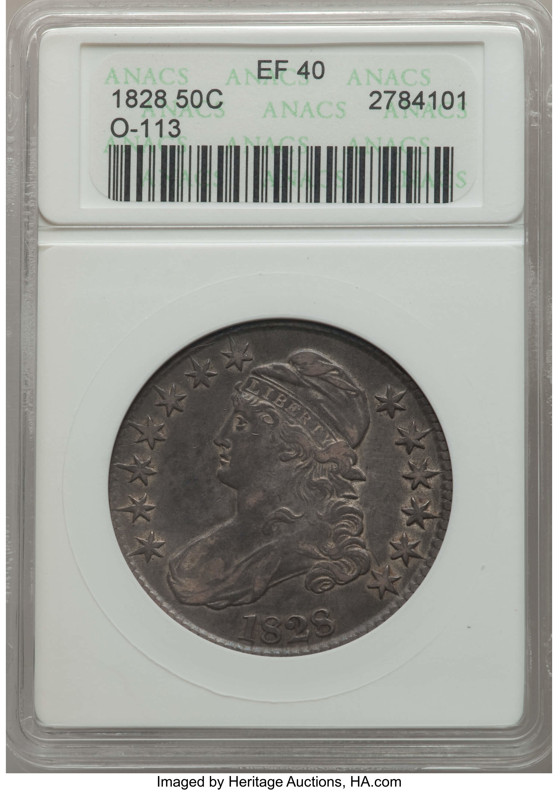 image for: 1828 50C Square Base 2, Small 8s, Large Letters, O-113, R.3, XF40 ANACS. NGC Census: (1/16). PCGS Population: (2/8). XF40. ...