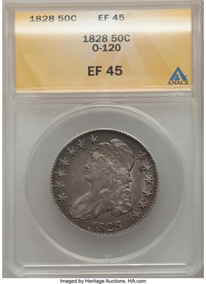 image for: 1828 50C Square Base 2, Small 8s, Large Letters, O-120, R.1, XF45 ANACS. NGC Census: (4/14). PCGS Population: (3/14). XF45....