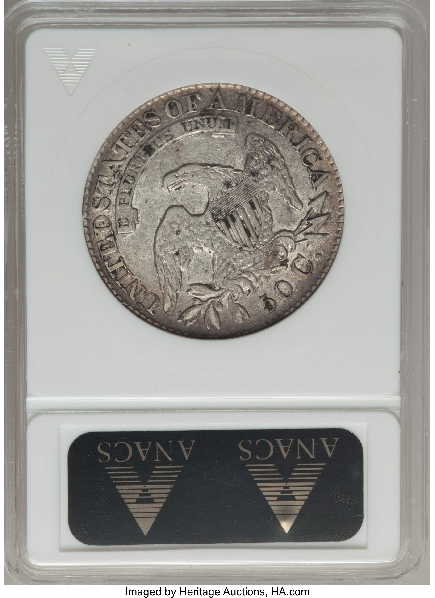 image for: 1829 50C Large Letters, O-110, R.2, XF45 ANACS. NGC Census: (3/12). PCGS Population: (0/12). XF45. Mintage 3,712,156. ...