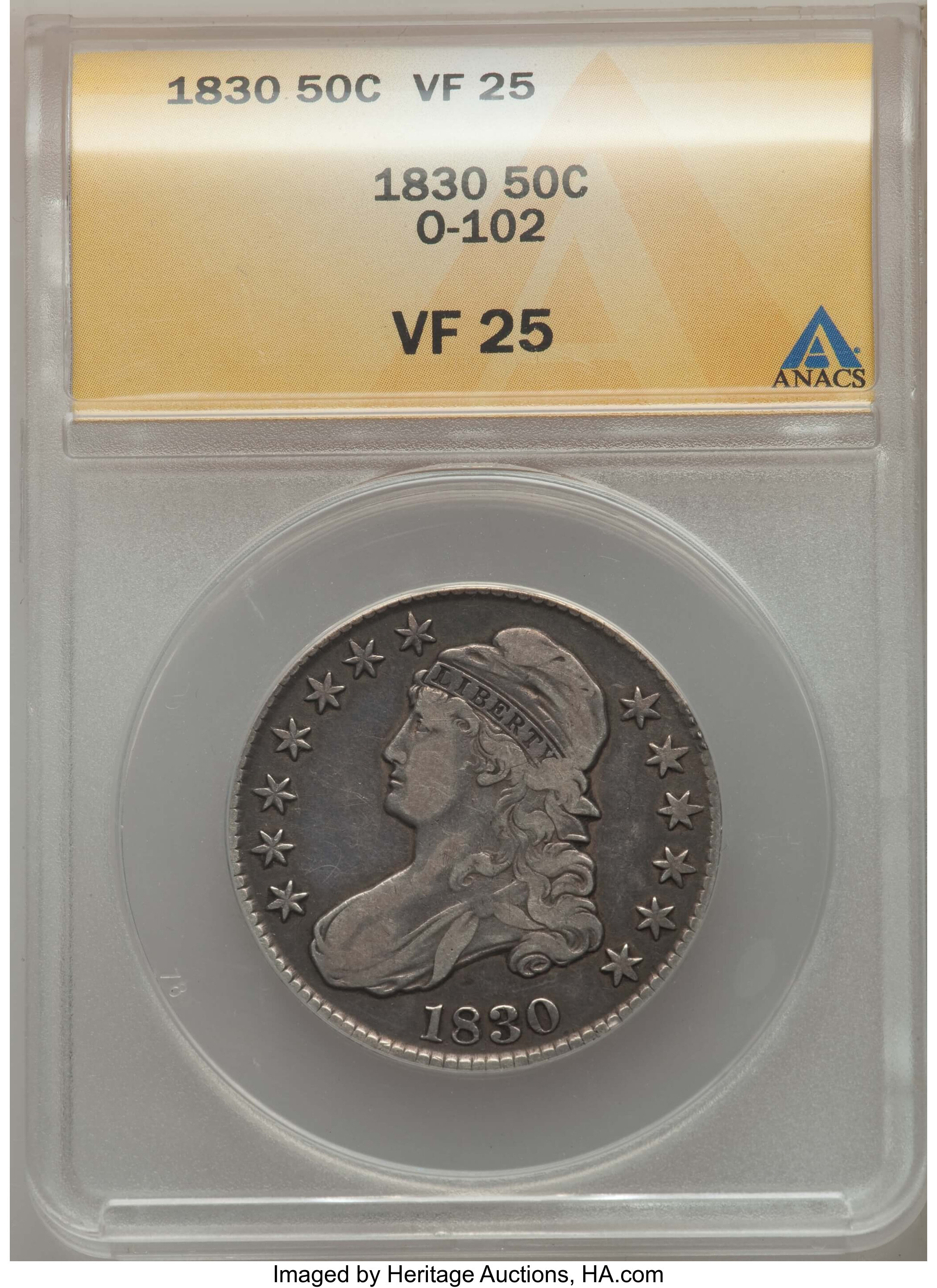image for: 1830 50C Small 0, O-102, R.3, VF25 ANACS. NGC Census: (0/0). PCGS Population: (0/0).  Mintage 4,764,800. ...