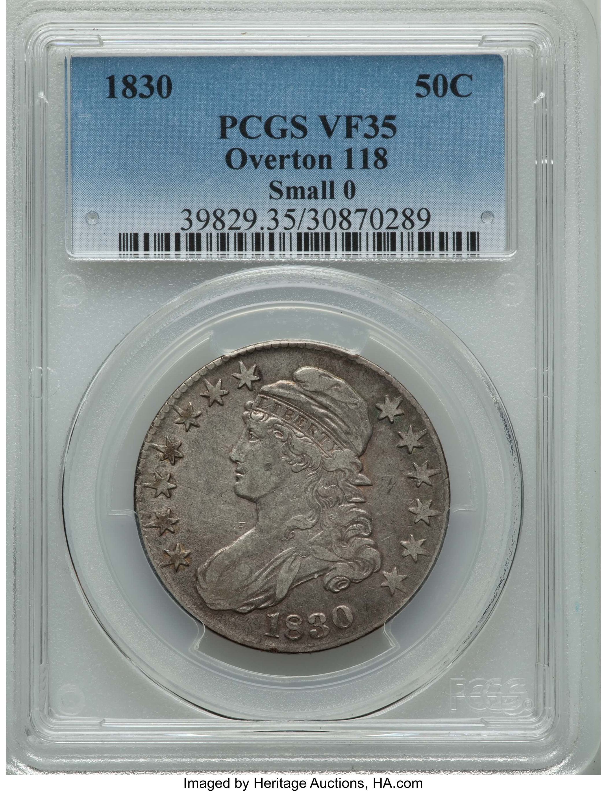 image for: 1830 50C Small 0, O-118, R.3, VF35 PCGS. PCGS Population: (3/10). NGC Census: (4/16).  Mintage 4,764,800. ...